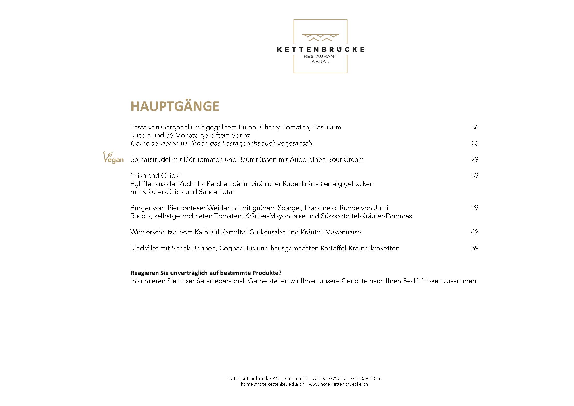Speisekarte Restaurant Kettenbrücke  in Aarau, Seite 2