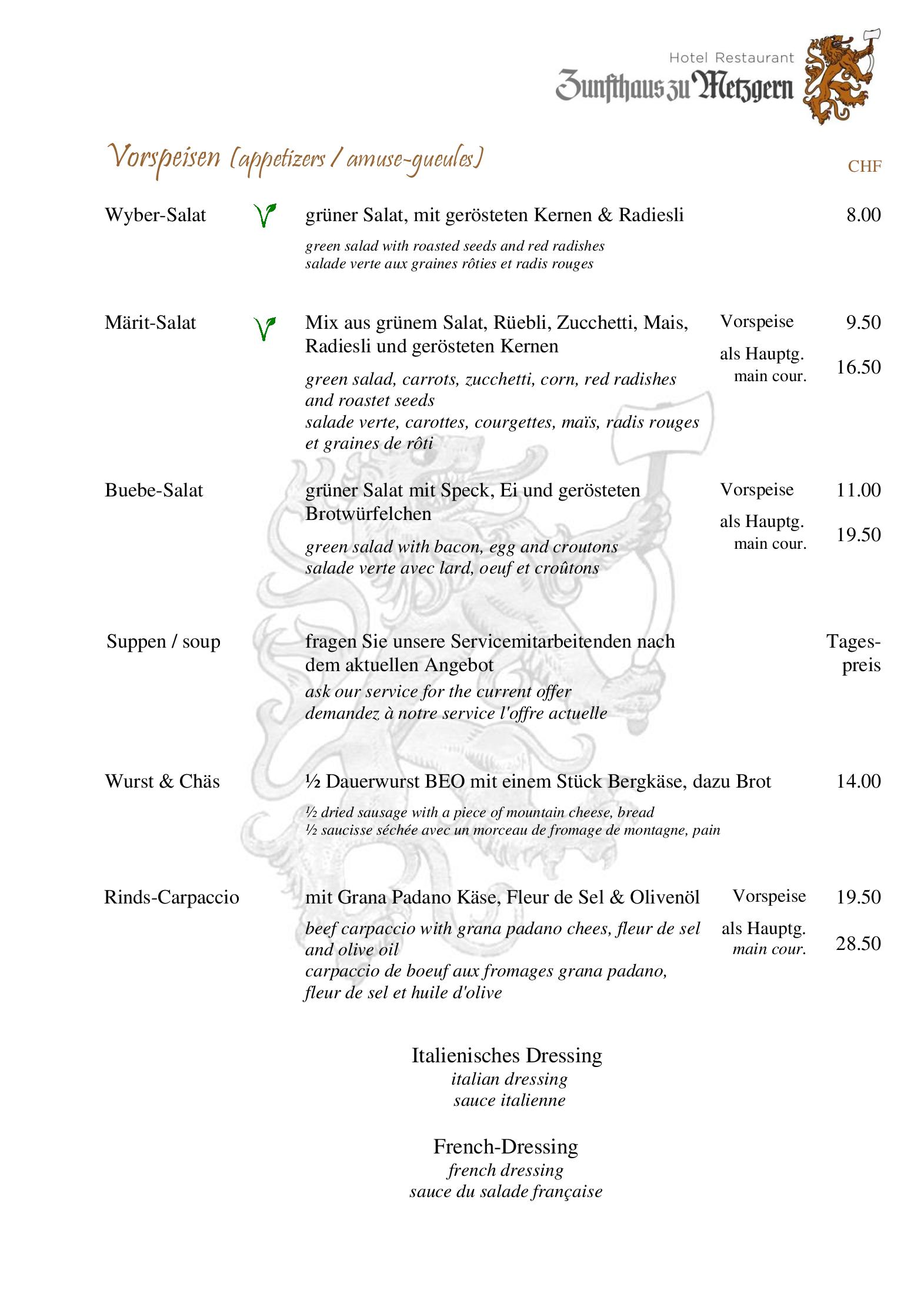 Speisekarte Hotel Restaurant Zunfthaus Zu Metzgern in Thun, Seite 5