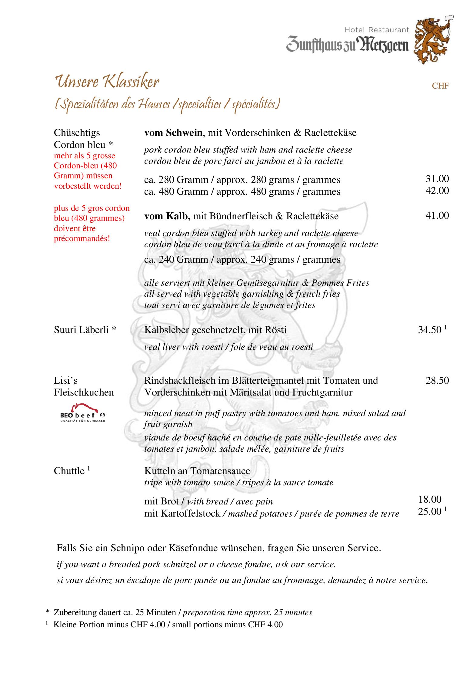 Speisekarte Hotel Restaurant Zunfthaus Zu Metzgern in Thun, Seite 4