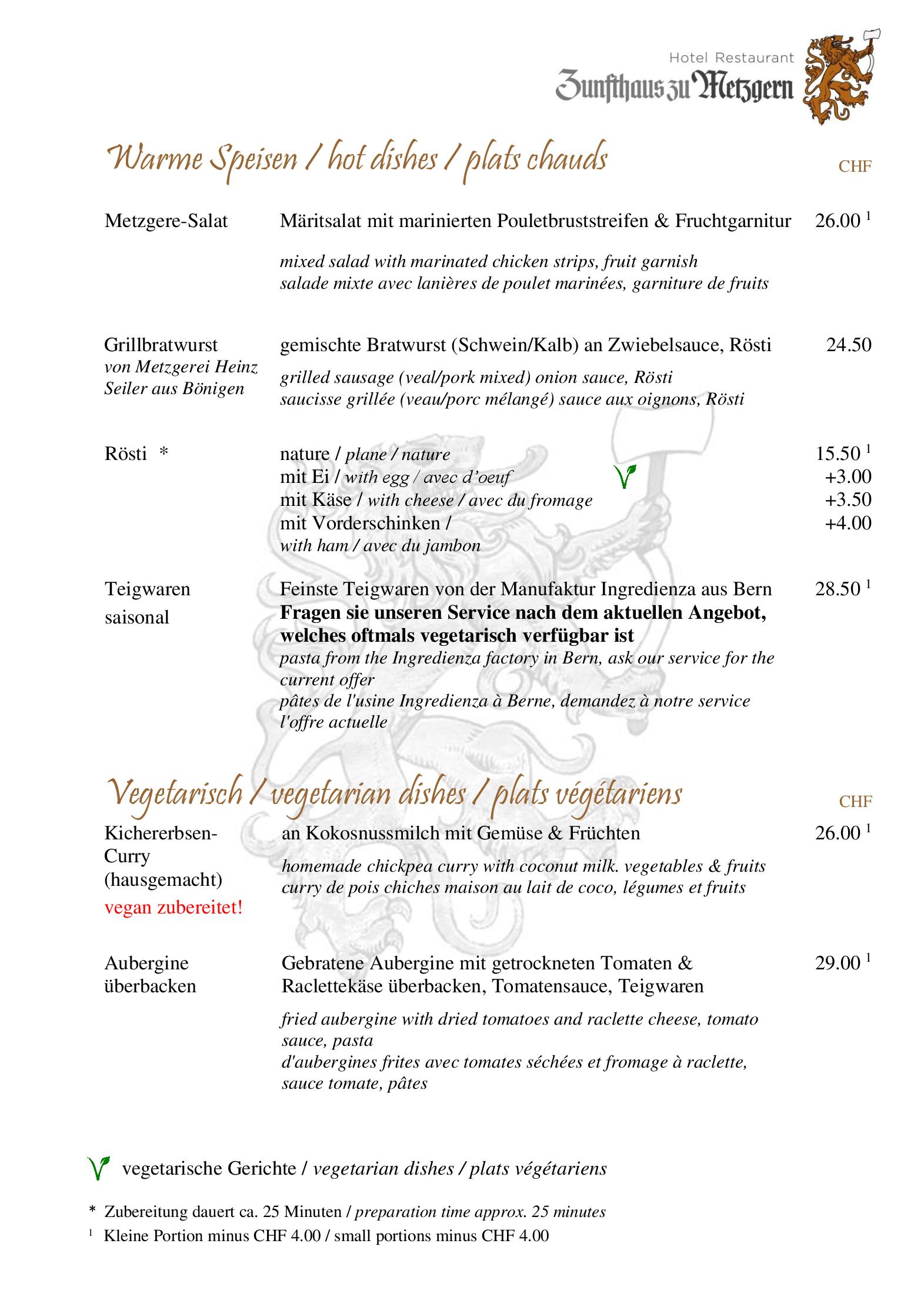 Speisekarte Hotel Restaurant Zunfthaus Zu Metzgern in Thun, Seite 3