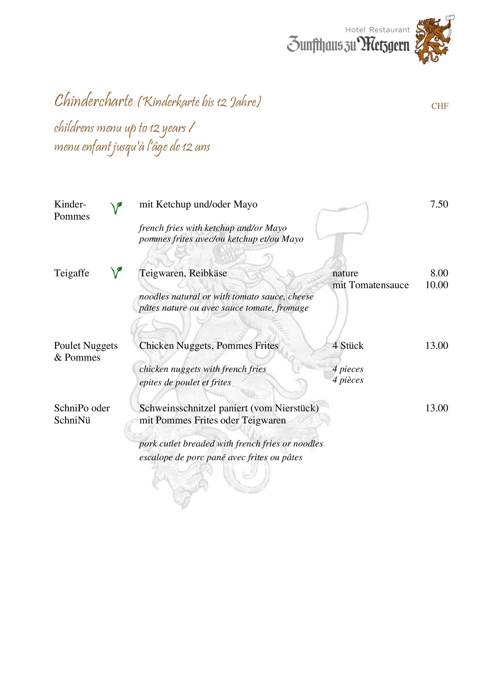 Speisekarte Hotel Restaurant Zunfthaus Zu Metzgern in Thun, Seite 2