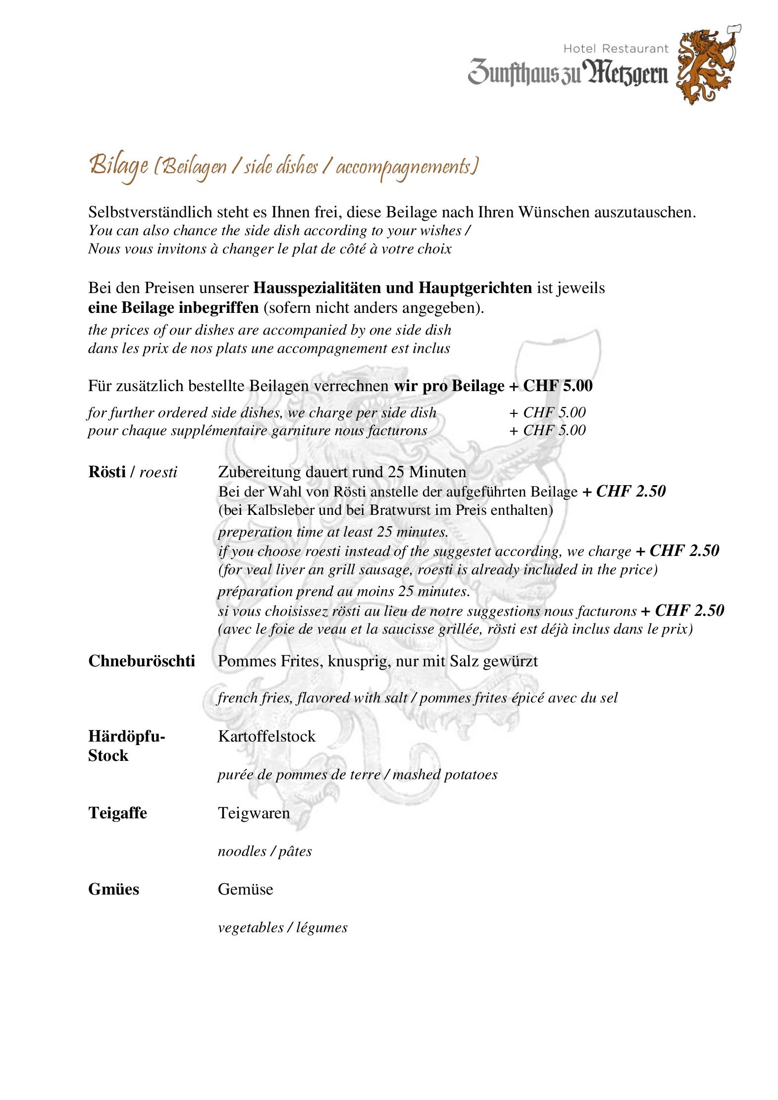 Speisekarte Hotel Restaurant Zunfthaus Zu Metzgern in Thun, Seite 1