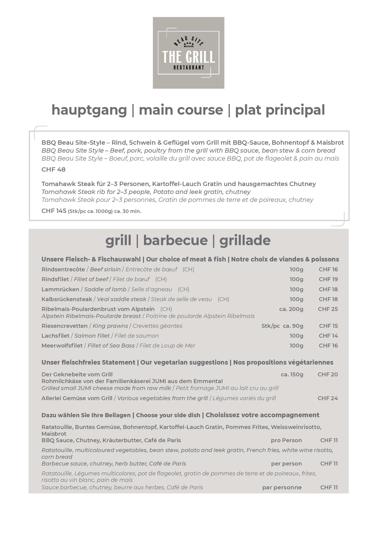 Speisekarte The Grill in Zermatt, Seite 2