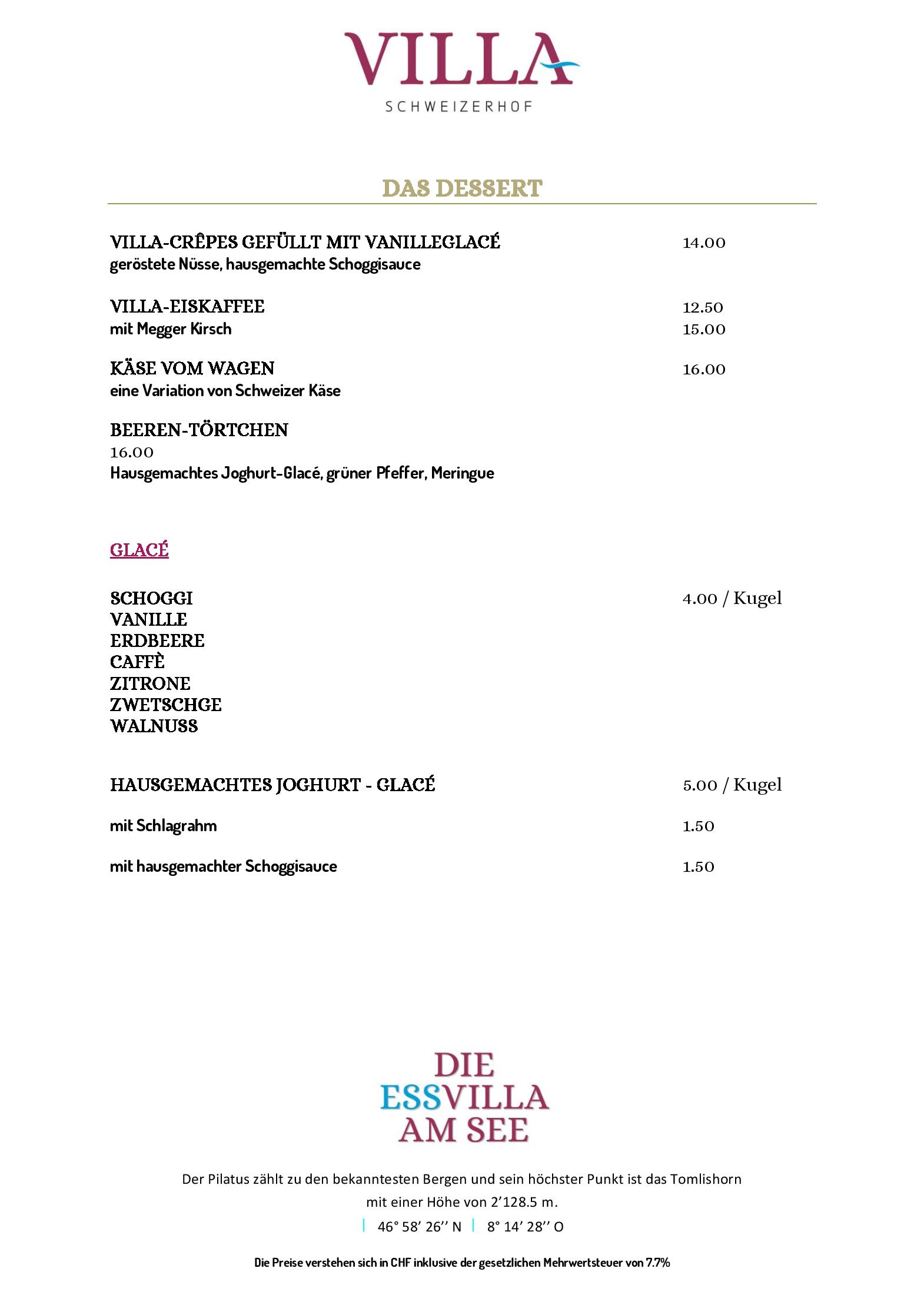 Speisekarte VILLA Schweizerhof in Luzern, Seite 7