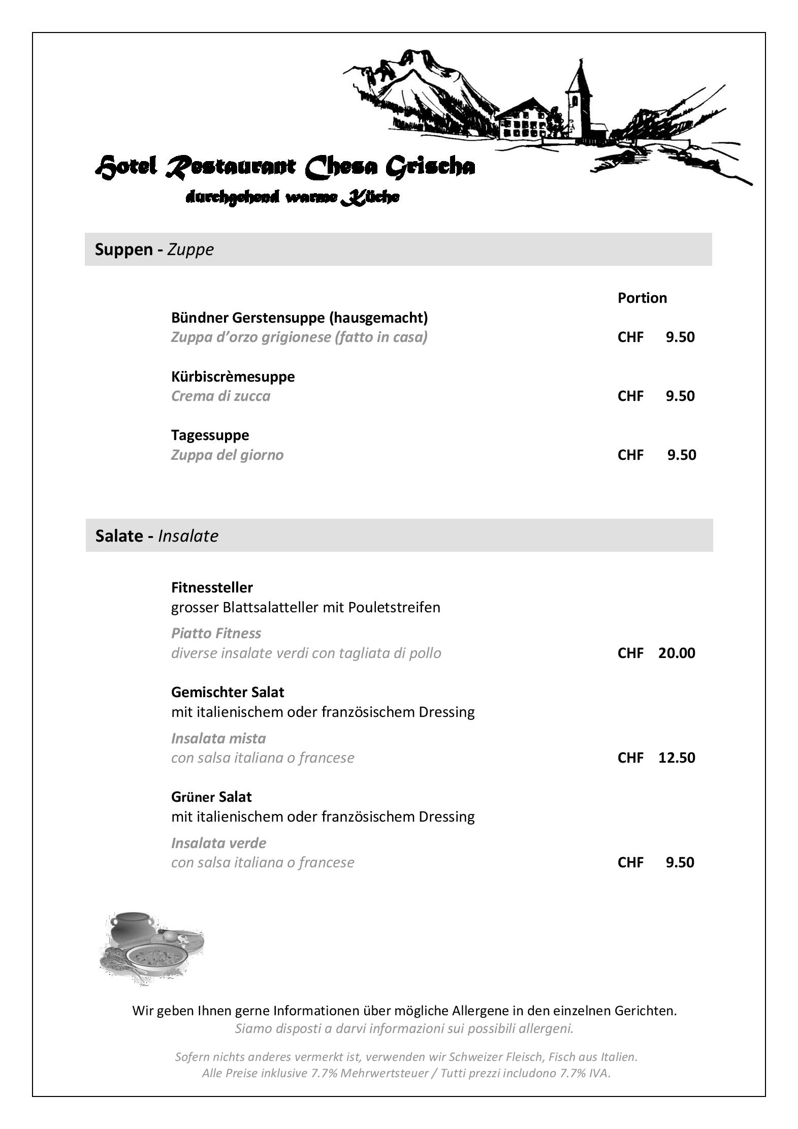 Speisekarte Restaurant Chesa Grischa in Sils-Baselgia im Engadin, Seite 1