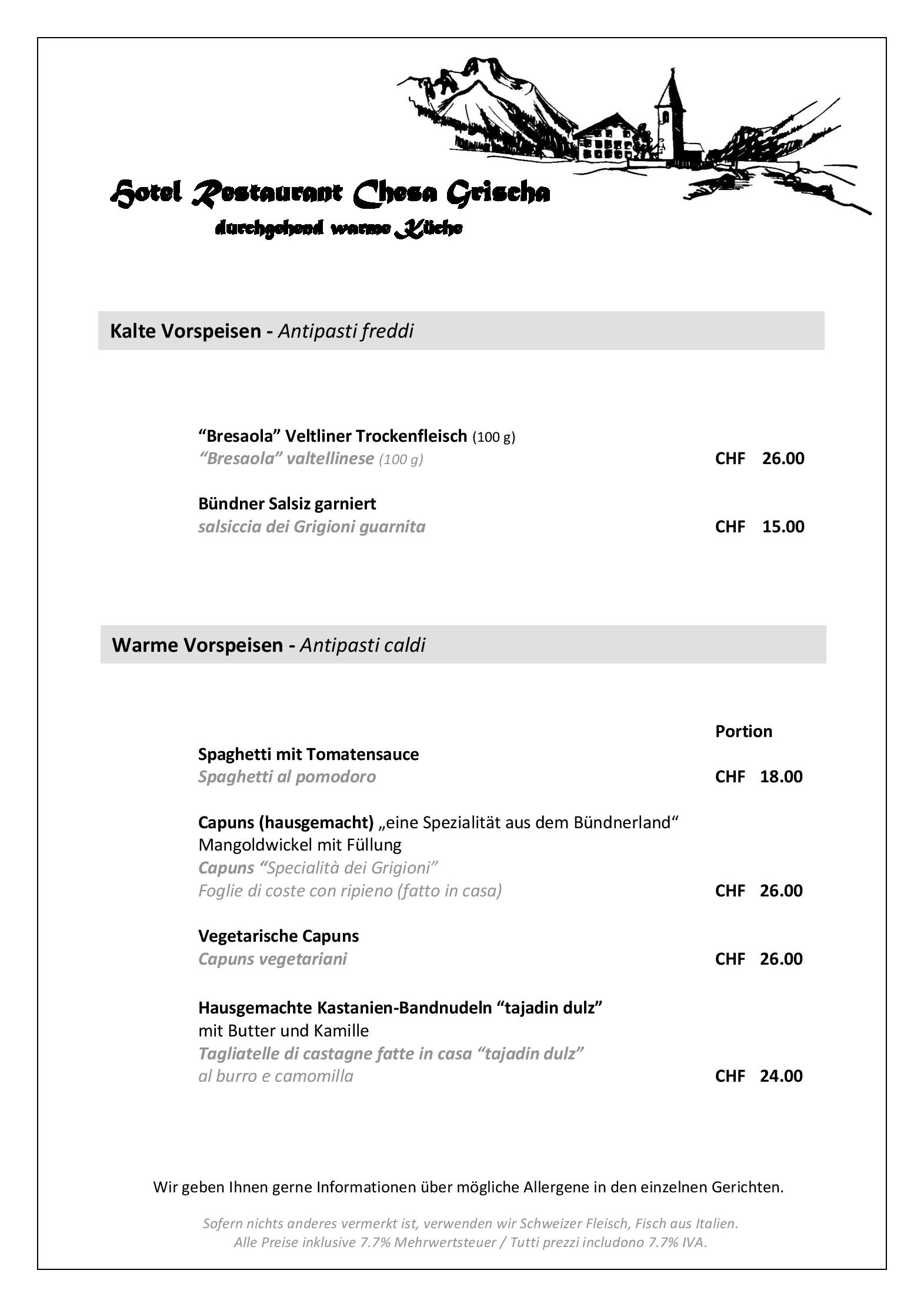 Speisekarte Restaurant Chesa Grischa in Sils-Baselgia im Engadin, Seite 2