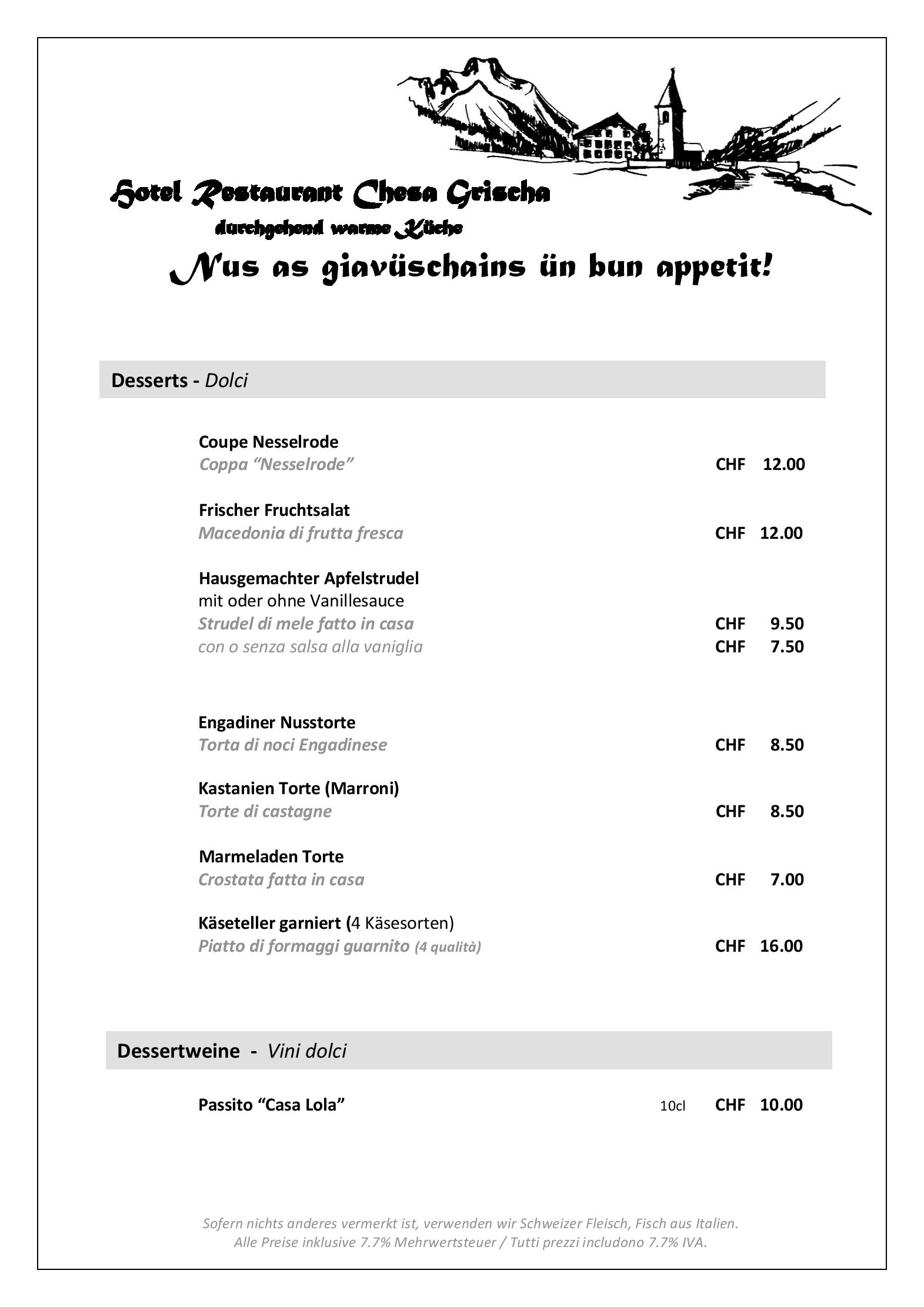 Speisekarte Restaurant Chesa Grischa in Sils-Baselgia im Engadin, Seite 9
