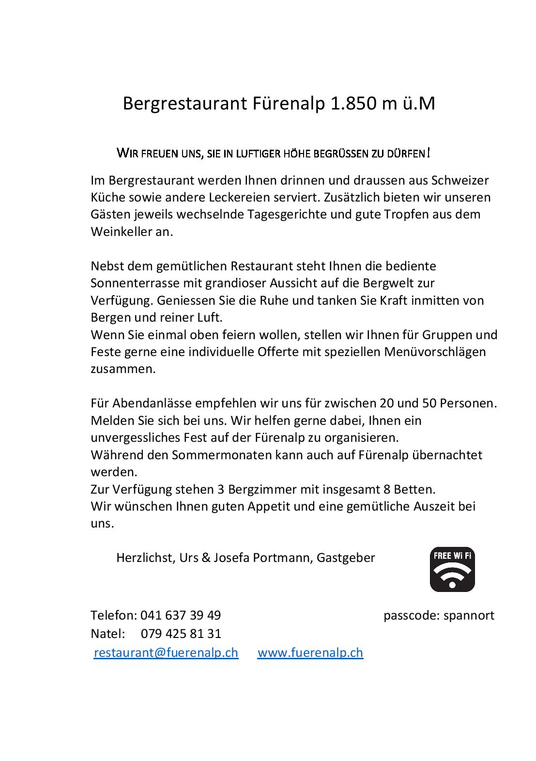 Speisekarte Bergrestaurant Fürenalp in Engelberg, Seite 1