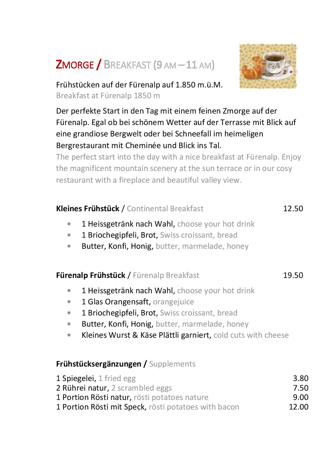 Speisekarte Bergrestaurant Fürenalp in Engelberg, Seite 6