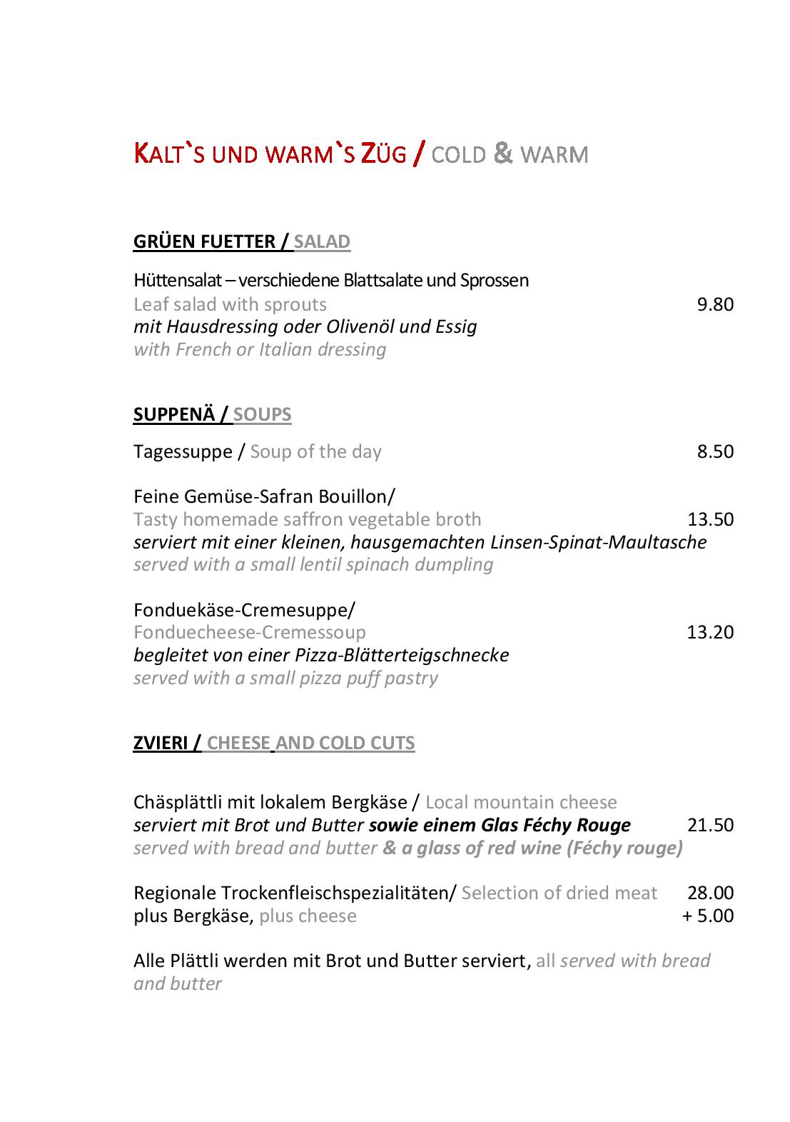 Speisekarte Bergrestaurant Fürenalp in Engelberg, Seite 2