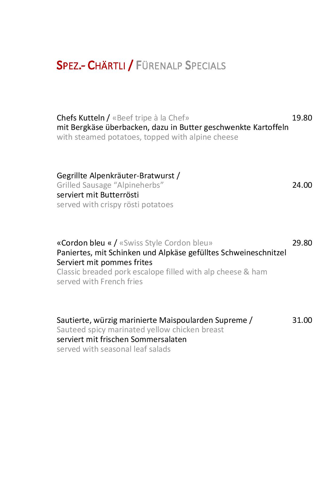 Speisekarte Bergrestaurant Fürenalp in Engelberg, Seite 4