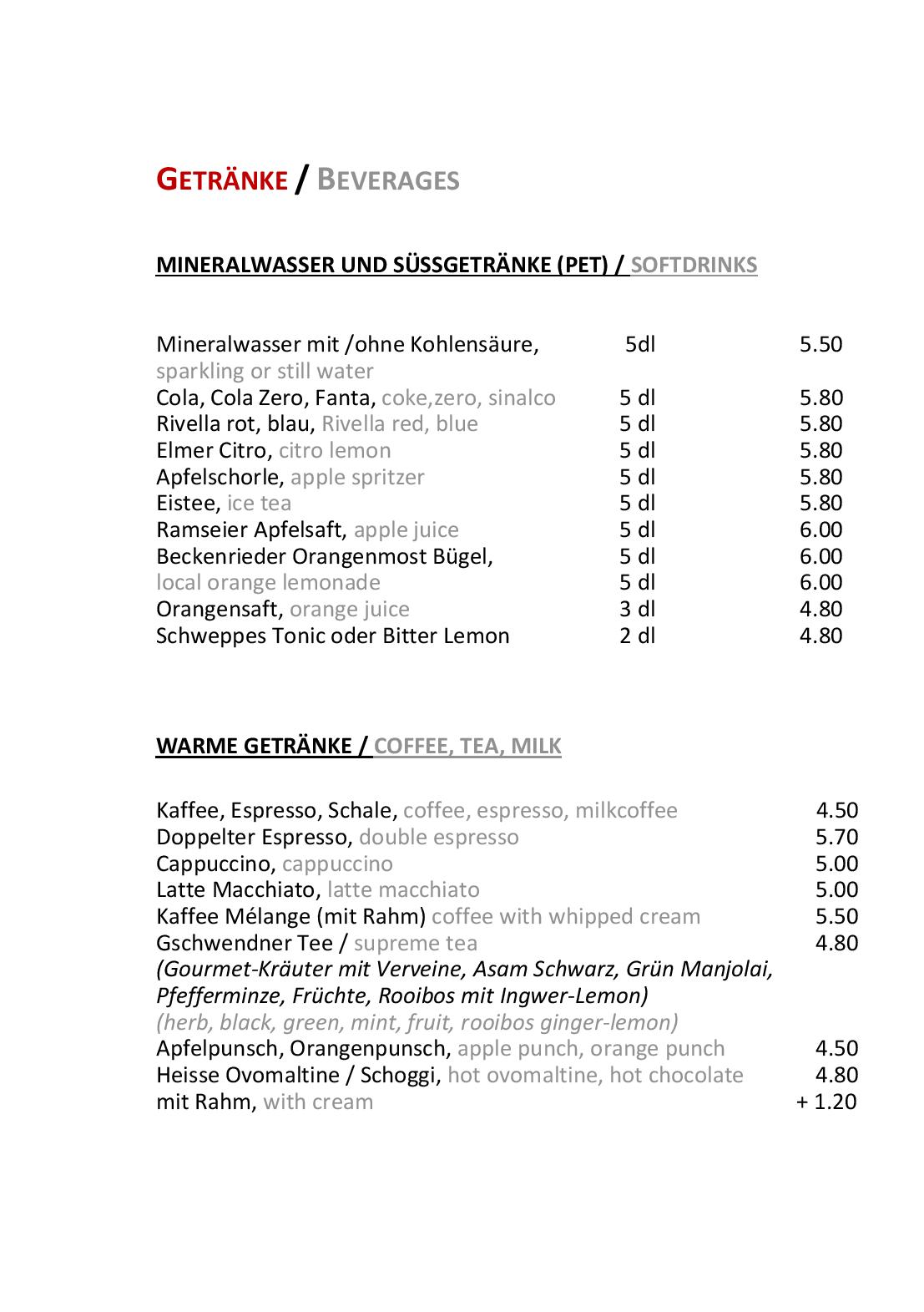 Speisekarte Bergrestaurant Fürenalp in Engelberg, Seite 20