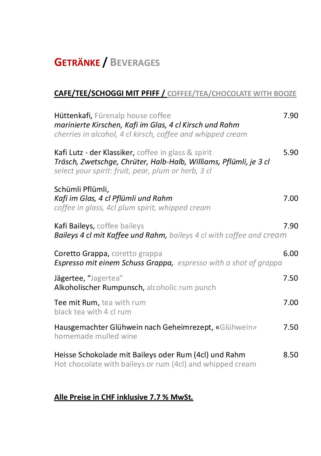 Speisekarte Bergrestaurant Fürenalp in Engelberg, Seite 19