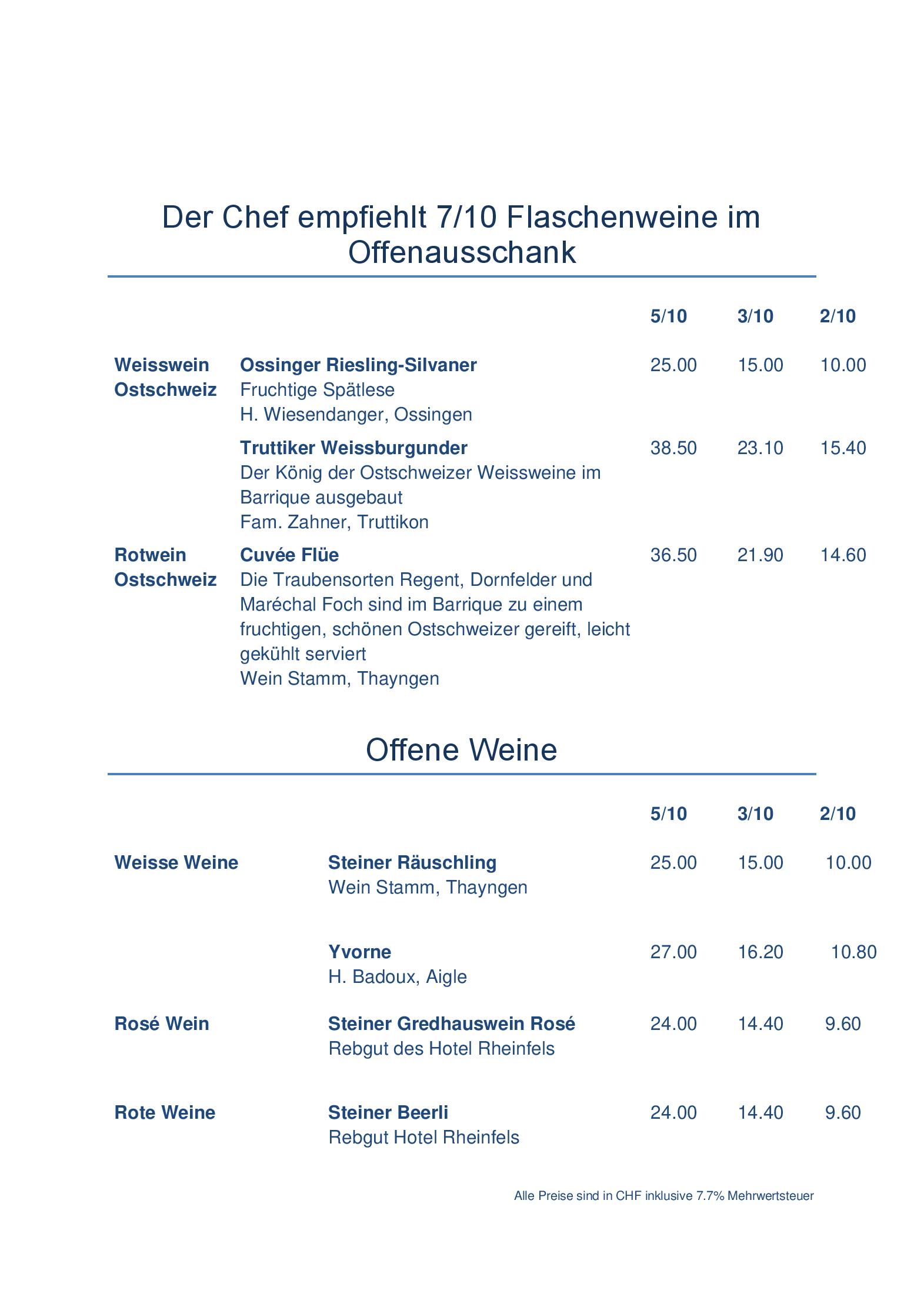 Speisekarte Rheinfels in Stein am Rhein, Seite 2