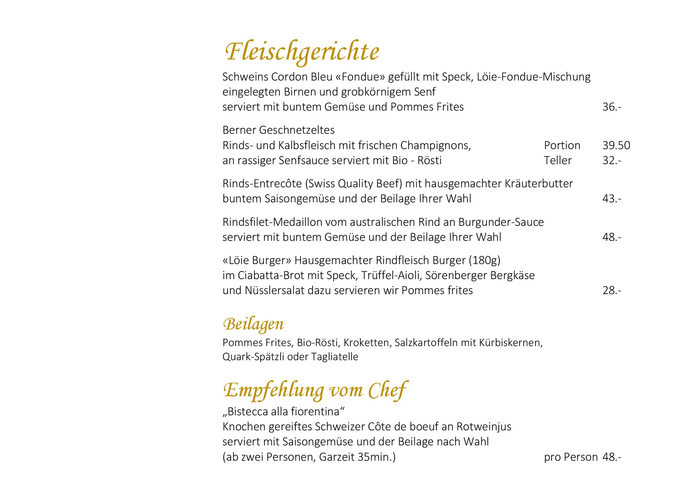 Speisekarte Gasthof zum goldenen Löwen in Langnau im Emmental , Seite 2