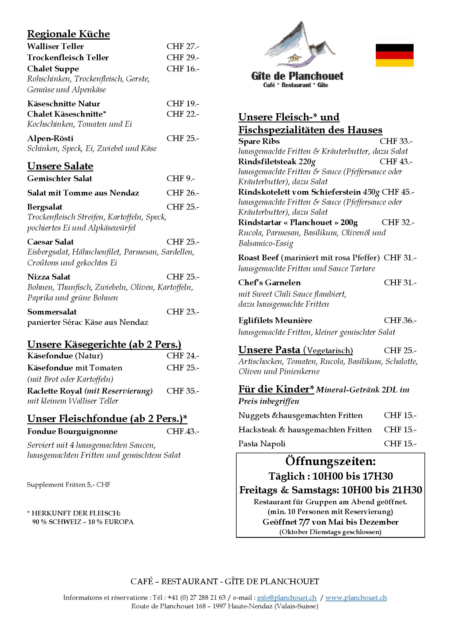 Speisekarte Restaurant de Planchouet in Nendaz, Seite 1