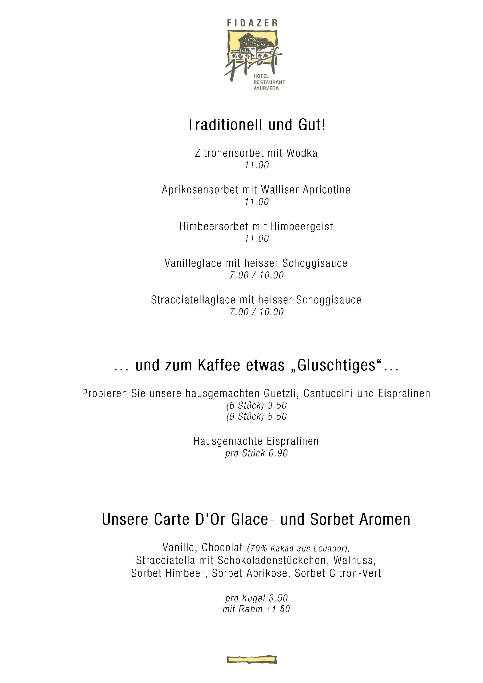 Speisekarte Fidazerhof in Flims, Seite 1