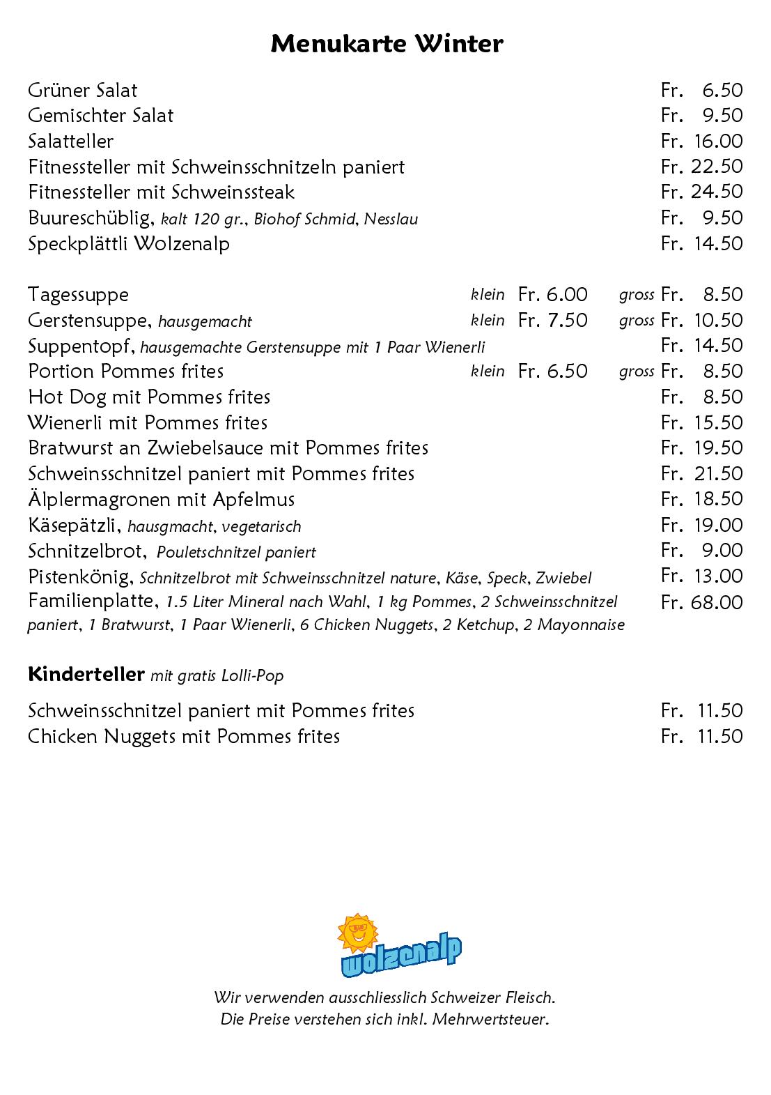 Speisekarte Bergrestaurant Wolzenalp in Nesslau, Seite 1