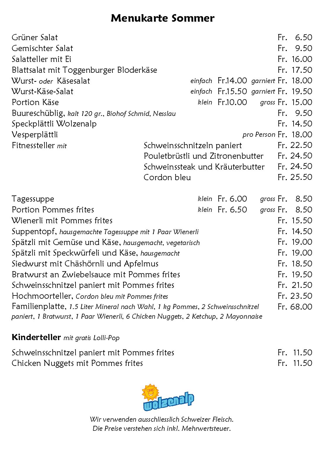 Speisekarte Bergrestaurant Wolzenalp  in Nesslau, Seite 2