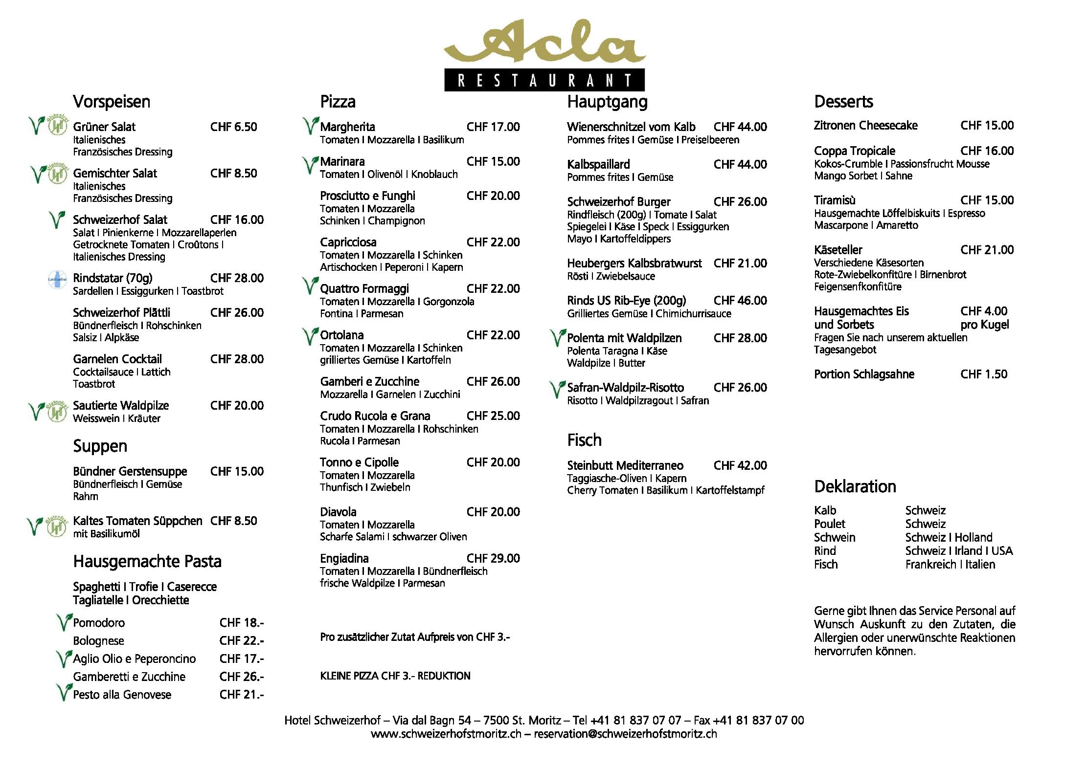 Speisekarte Restaurant Acla in St. Moritz, Seite 2