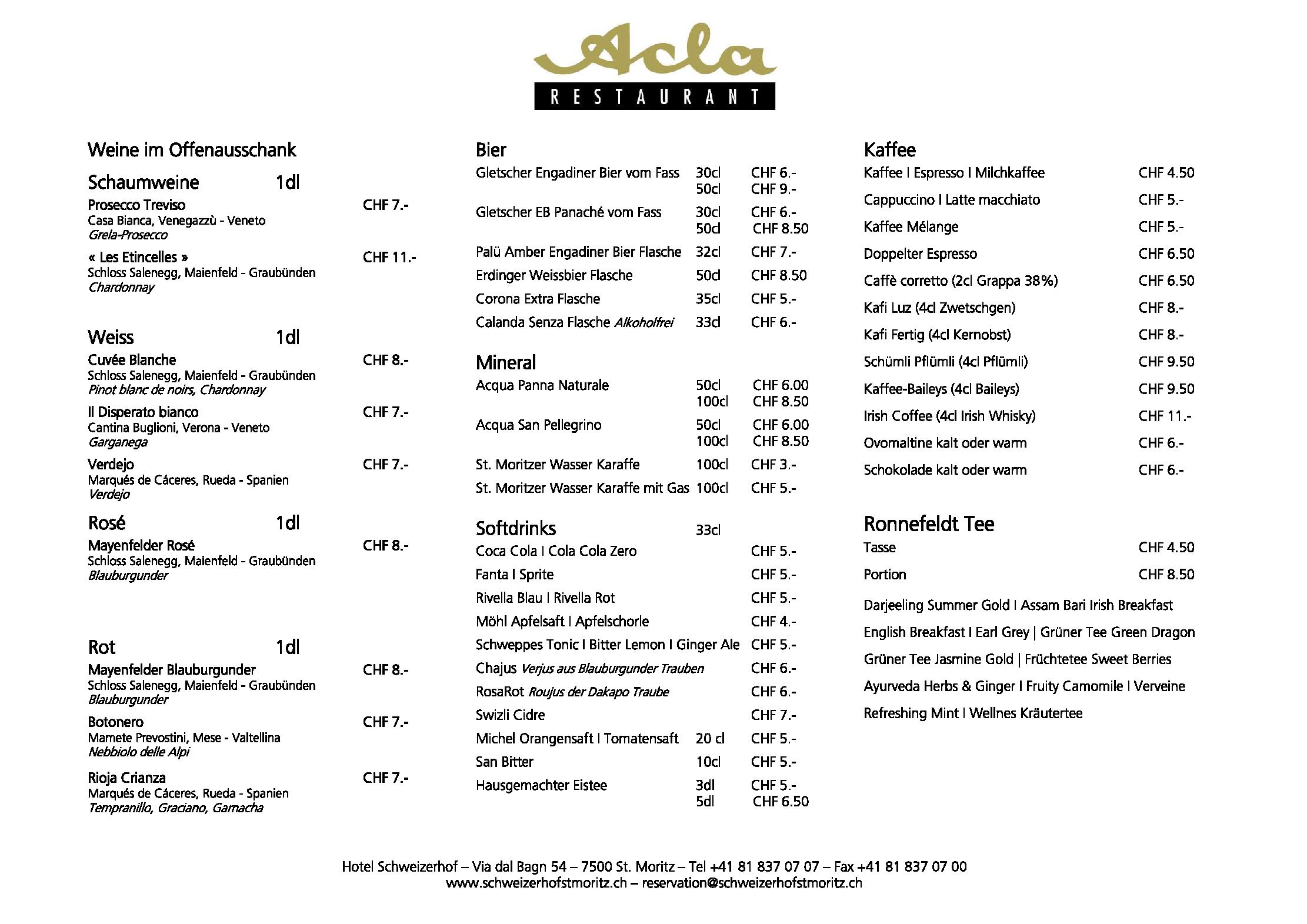Speisekarte Restaurant Acla in St. Moritz, Seite 1