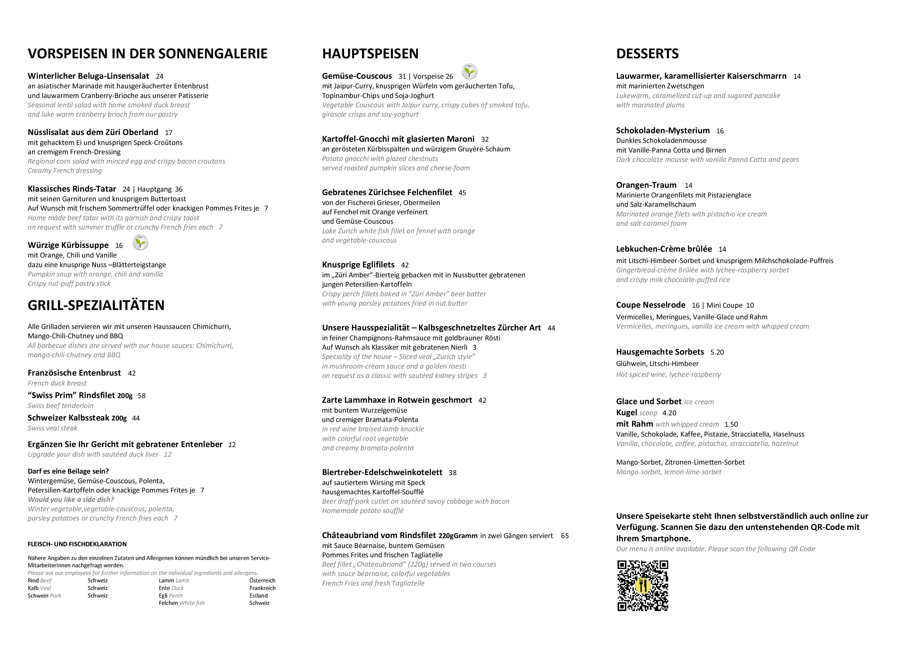 Speisekarte Sonne – Boutiquehotel und Restaurant Seegarten in Küsnacht ZH, Seite 2