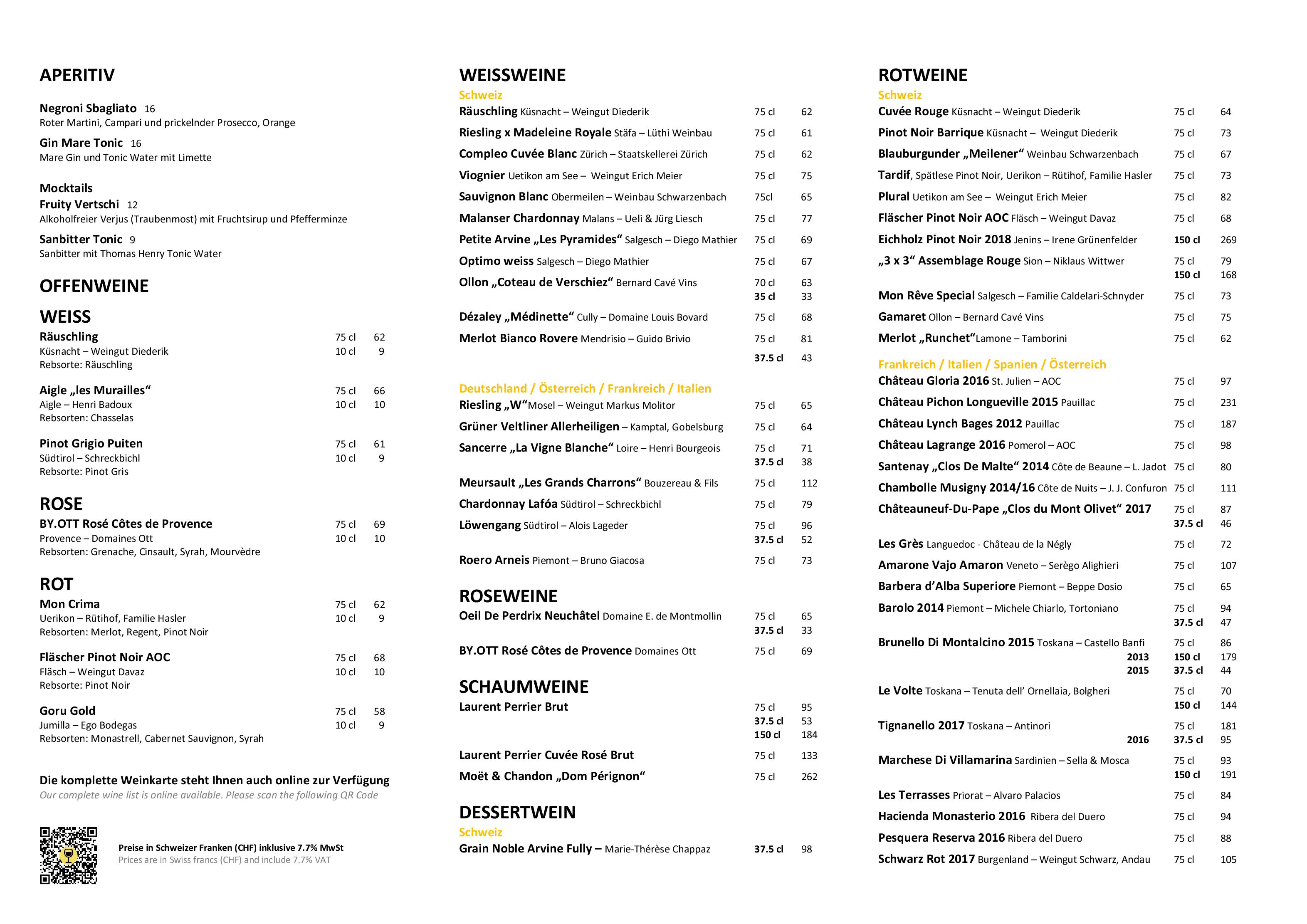 Speisekarte Sonne – Boutiquehotel und Restaurant Seegarten in Küsnacht ZH, Seite 1