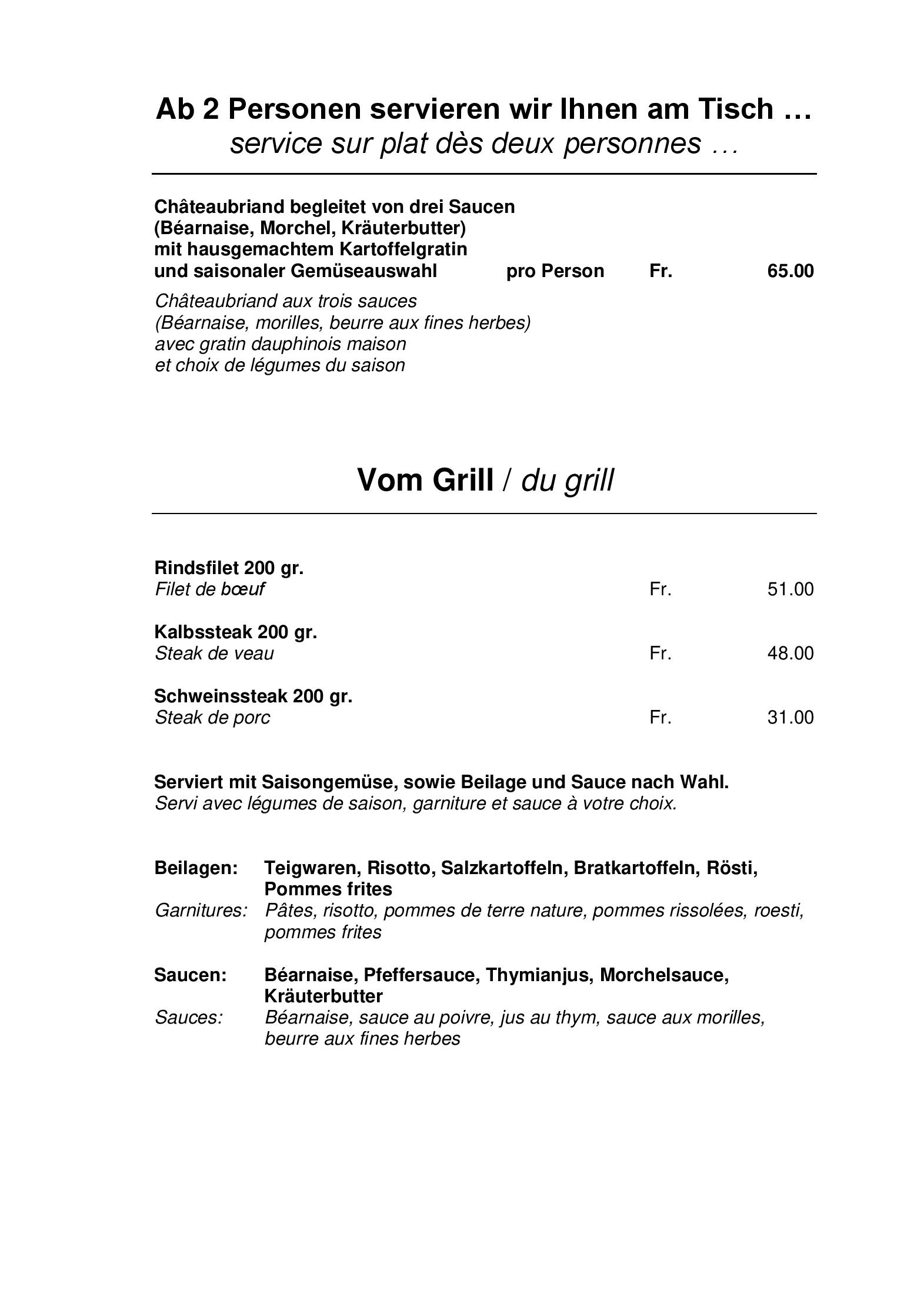 Speisekarte Hotel-Restaurant Krone in Aarberg, Seite 1