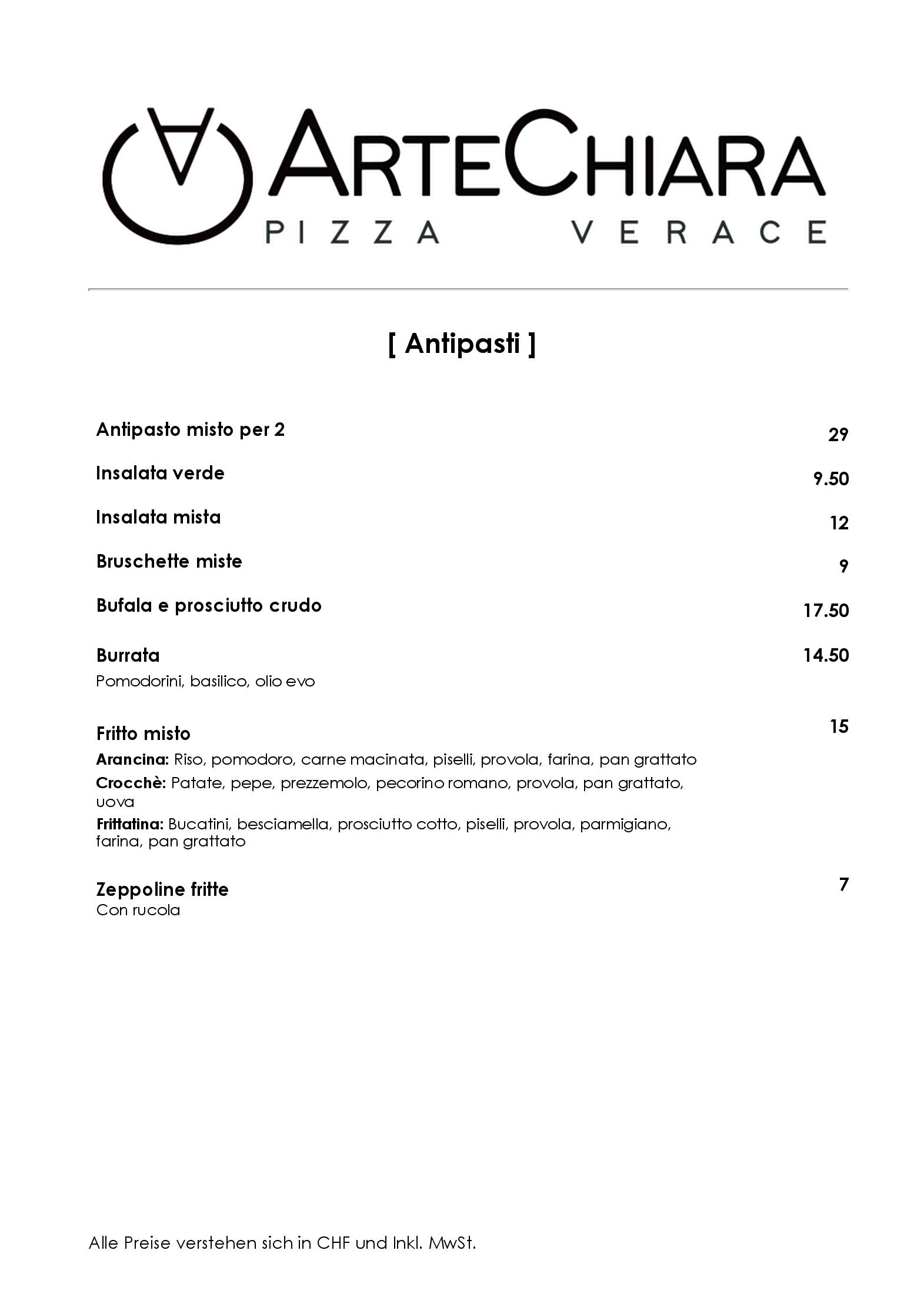 Speisekarte Pizzeria ArteChiara in Dietikon, Seite 4
