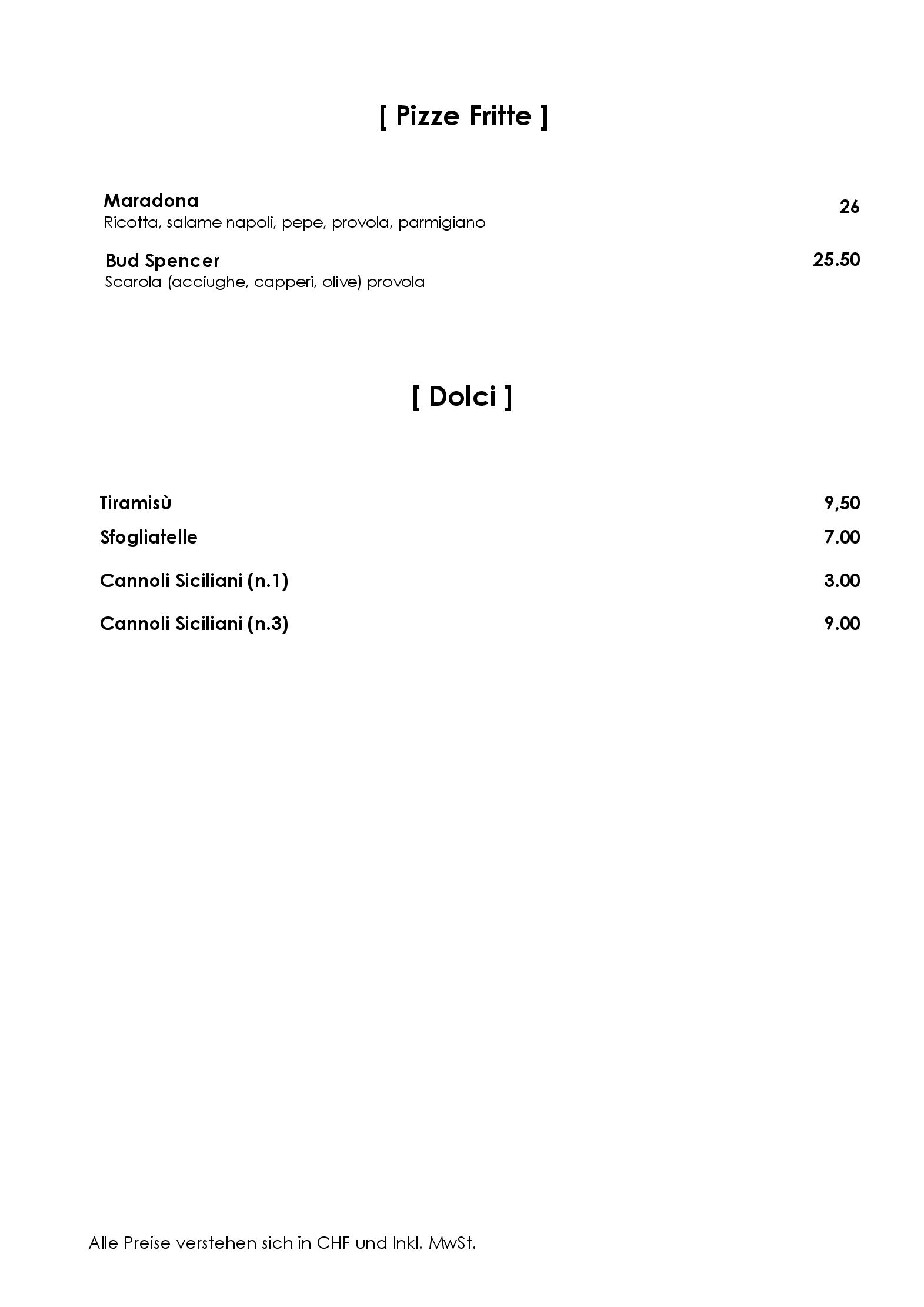 Speisekarte Pizzeria ArteChiara in Dietikon, Seite 1