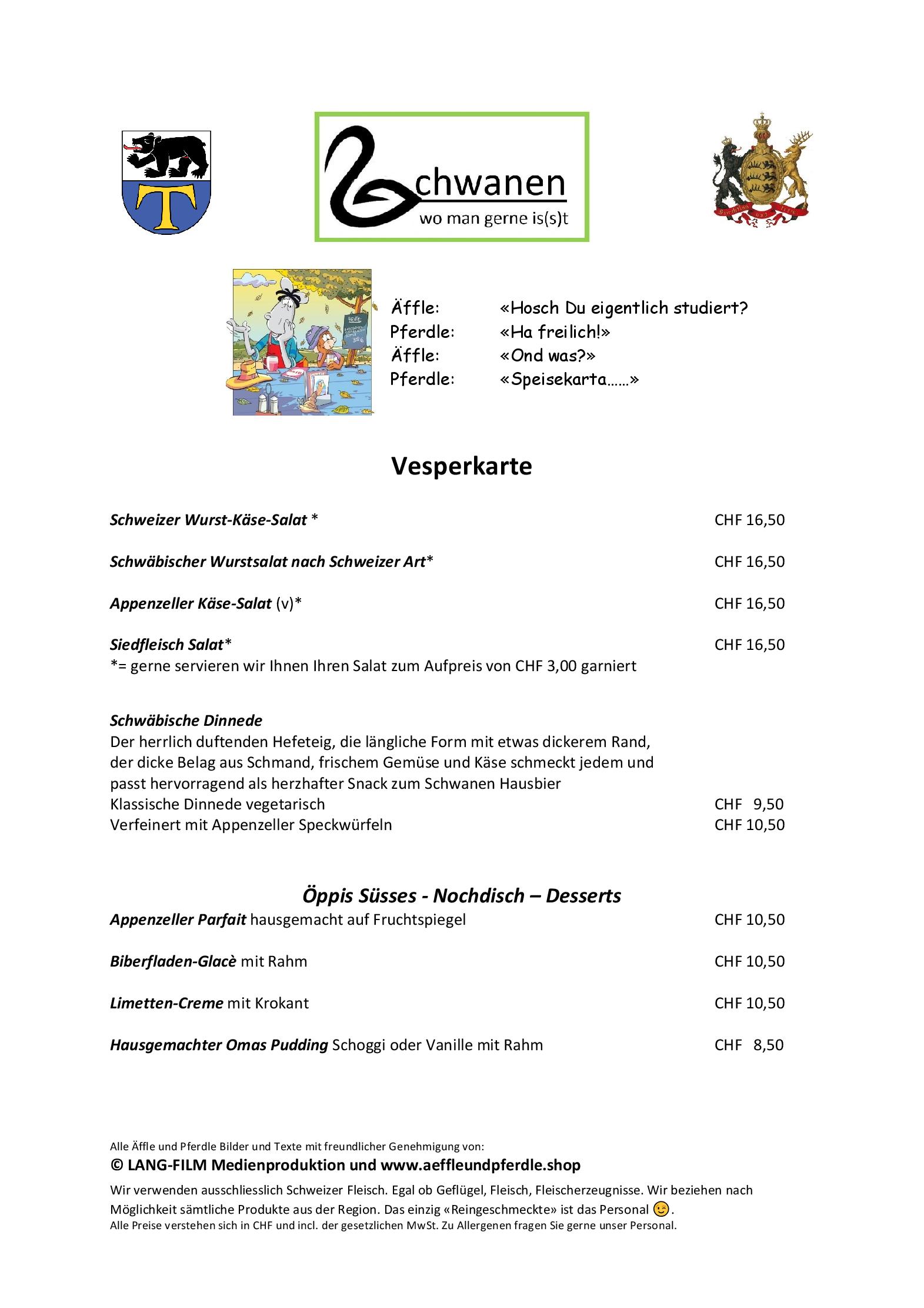 Speisekarte Der neue Schwanen in Niederteufen, Seite 1