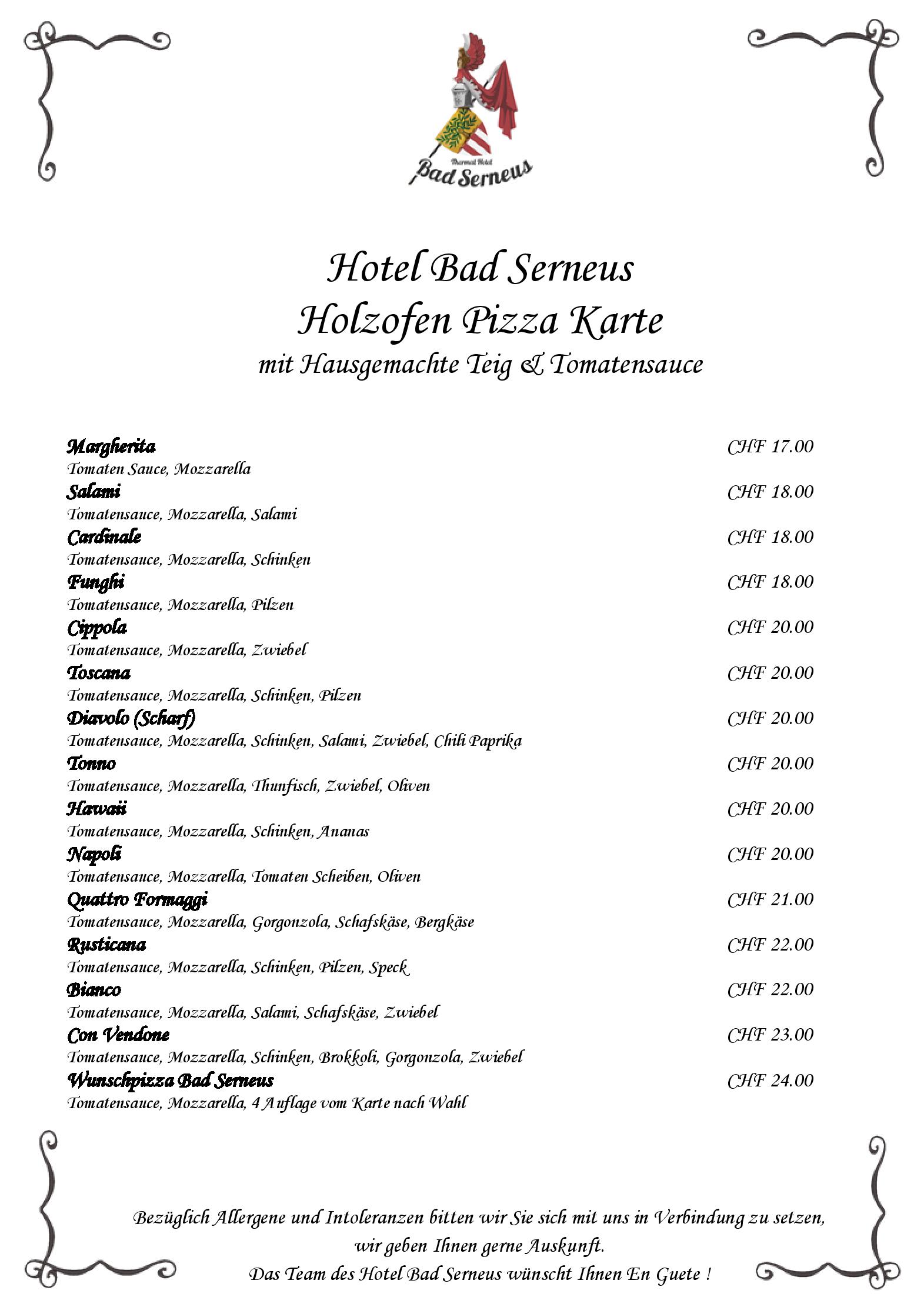 Speisekarte Pizza & Grillterrasse Bad Serneus in Klosters, Seite 1