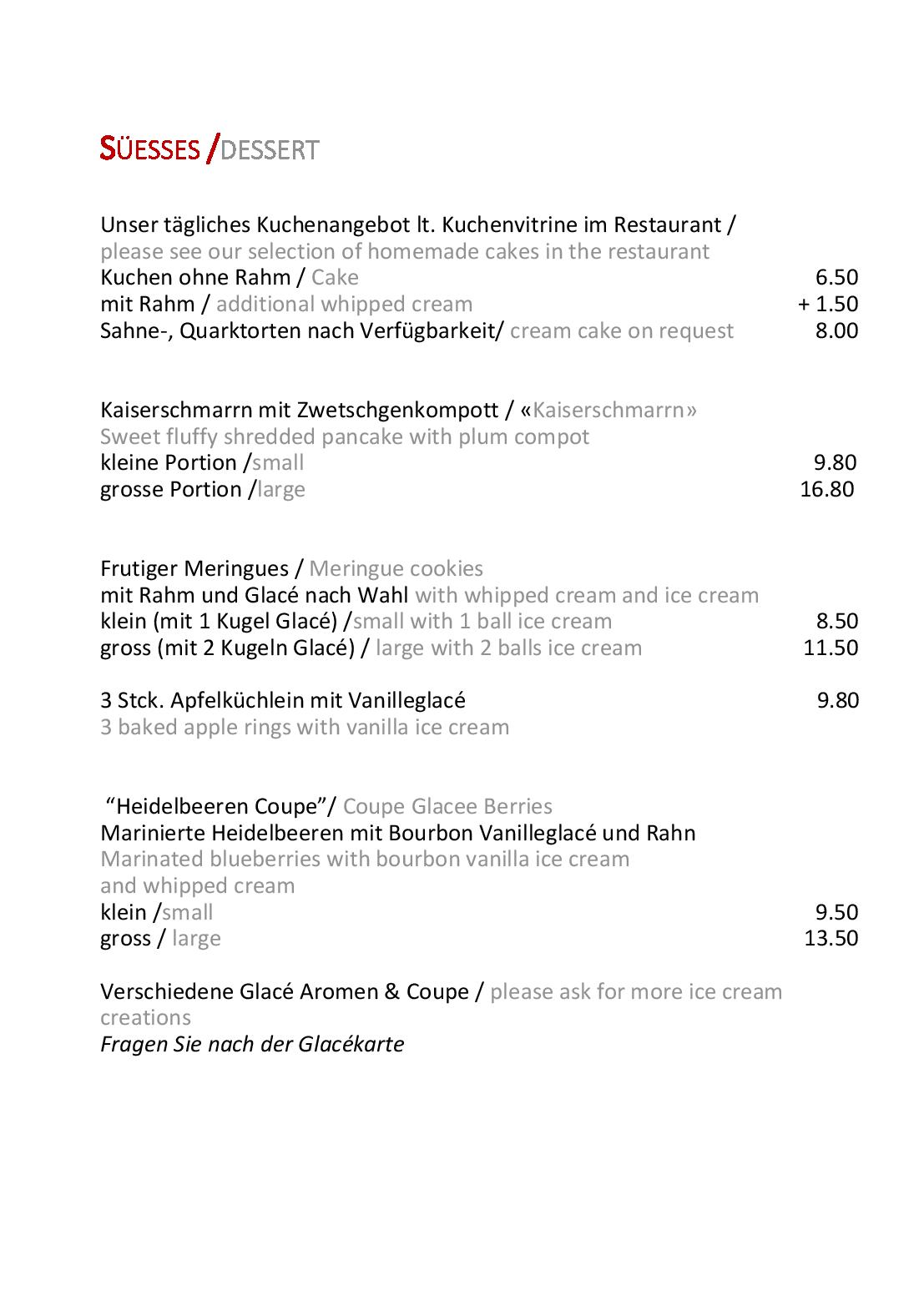 Speisekarte Bergrestaurant Fürenalp in Engelberg, Seite 26