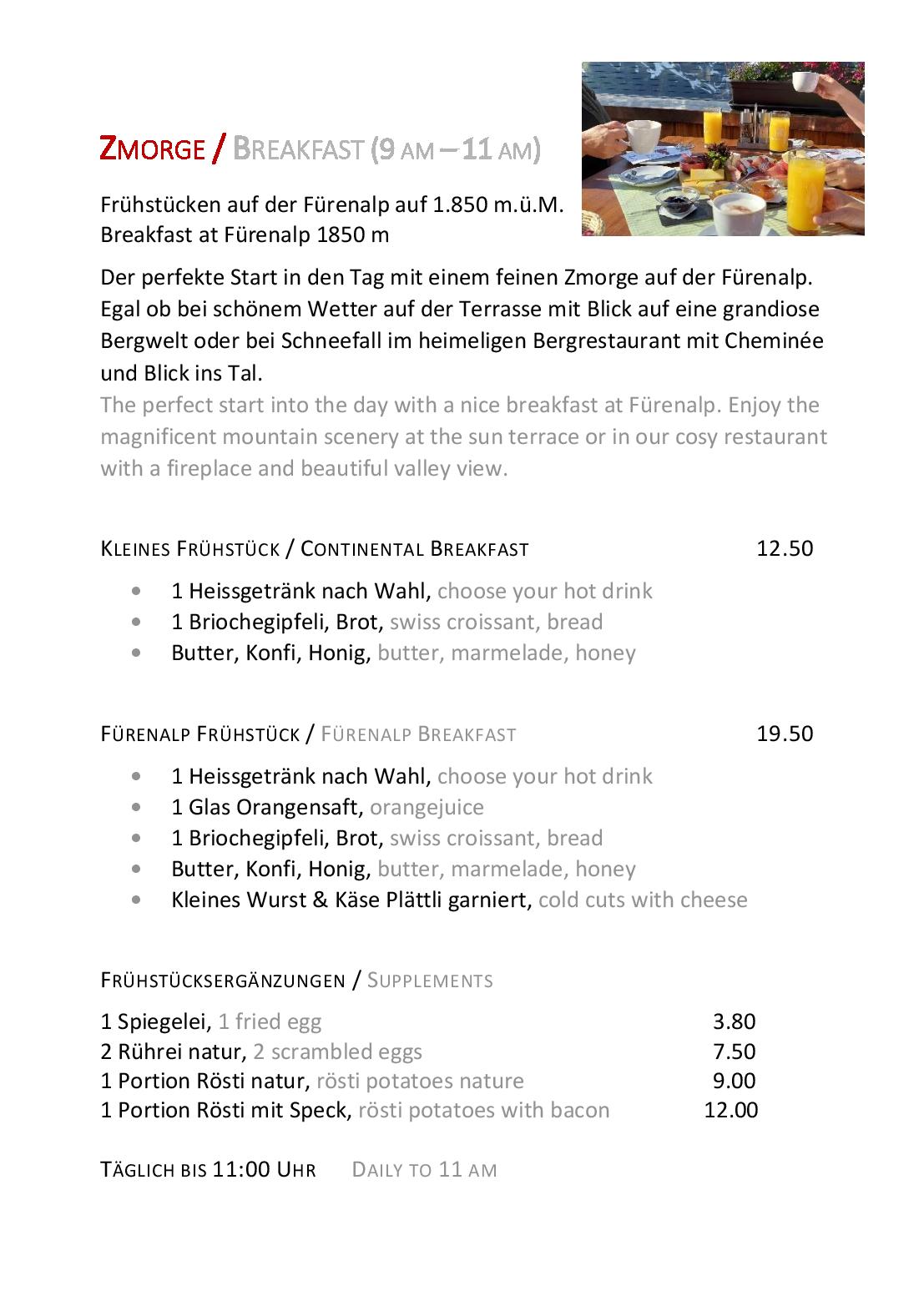 Speisekarte Bergrestaurant Fürenalp in Engelberg, Seite 42