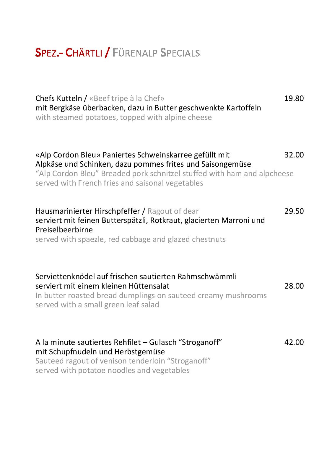 Speisekarte Bergrestaurant Fürenalp in Engelberg, Seite 45