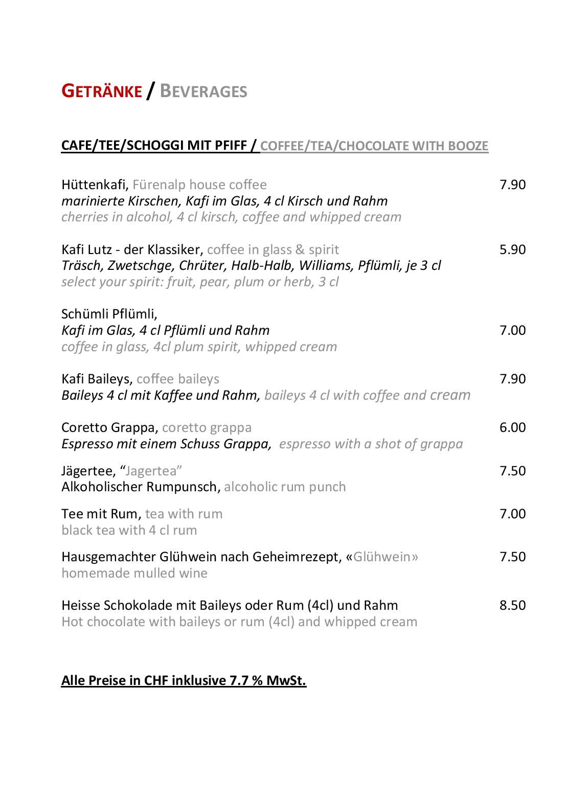 Speisekarte Bergrestaurant Fürenalp in Engelberg, Seite 48