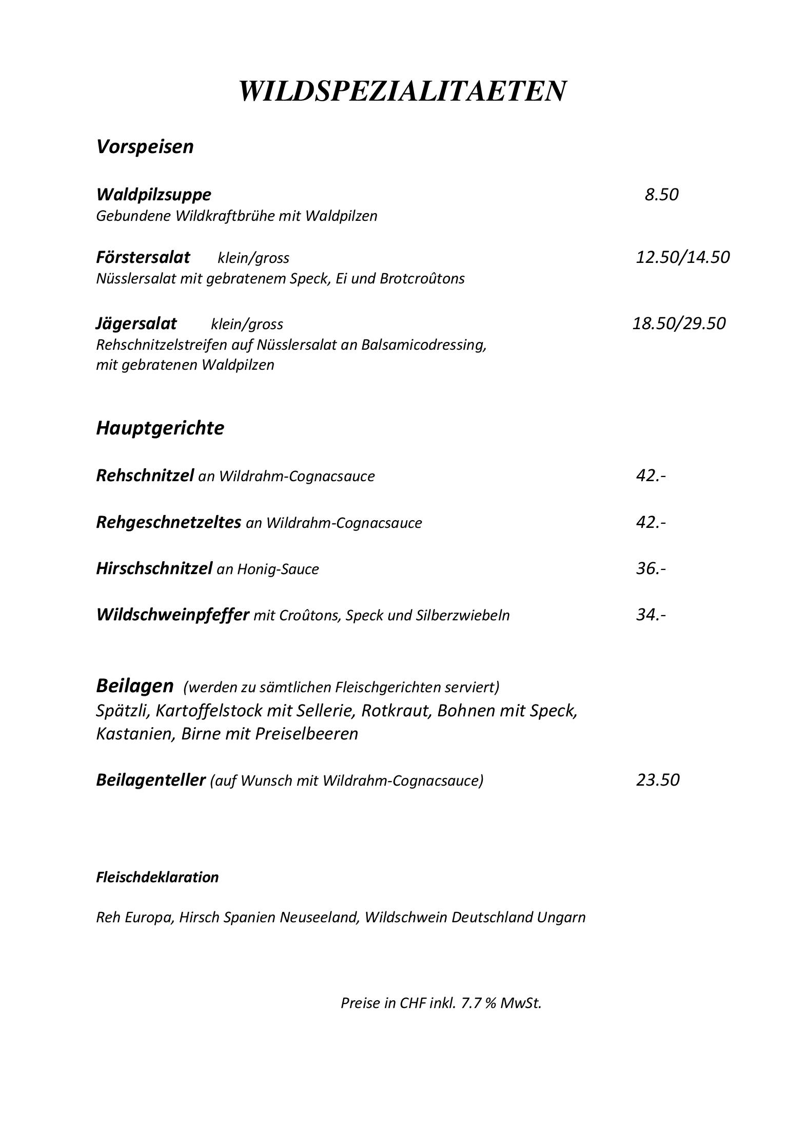 Speisekarte Kreuz in Hettiswil, Seite 2