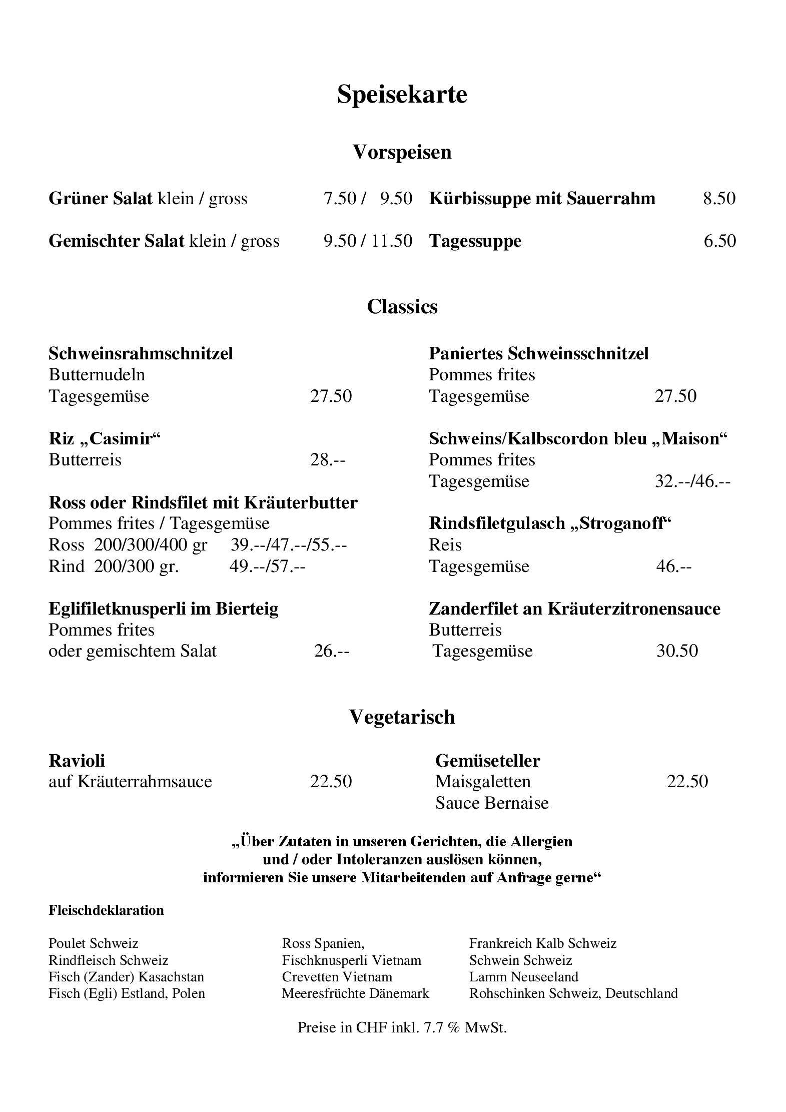 Speisekarte Kreuz in Hettiswil, Seite 1