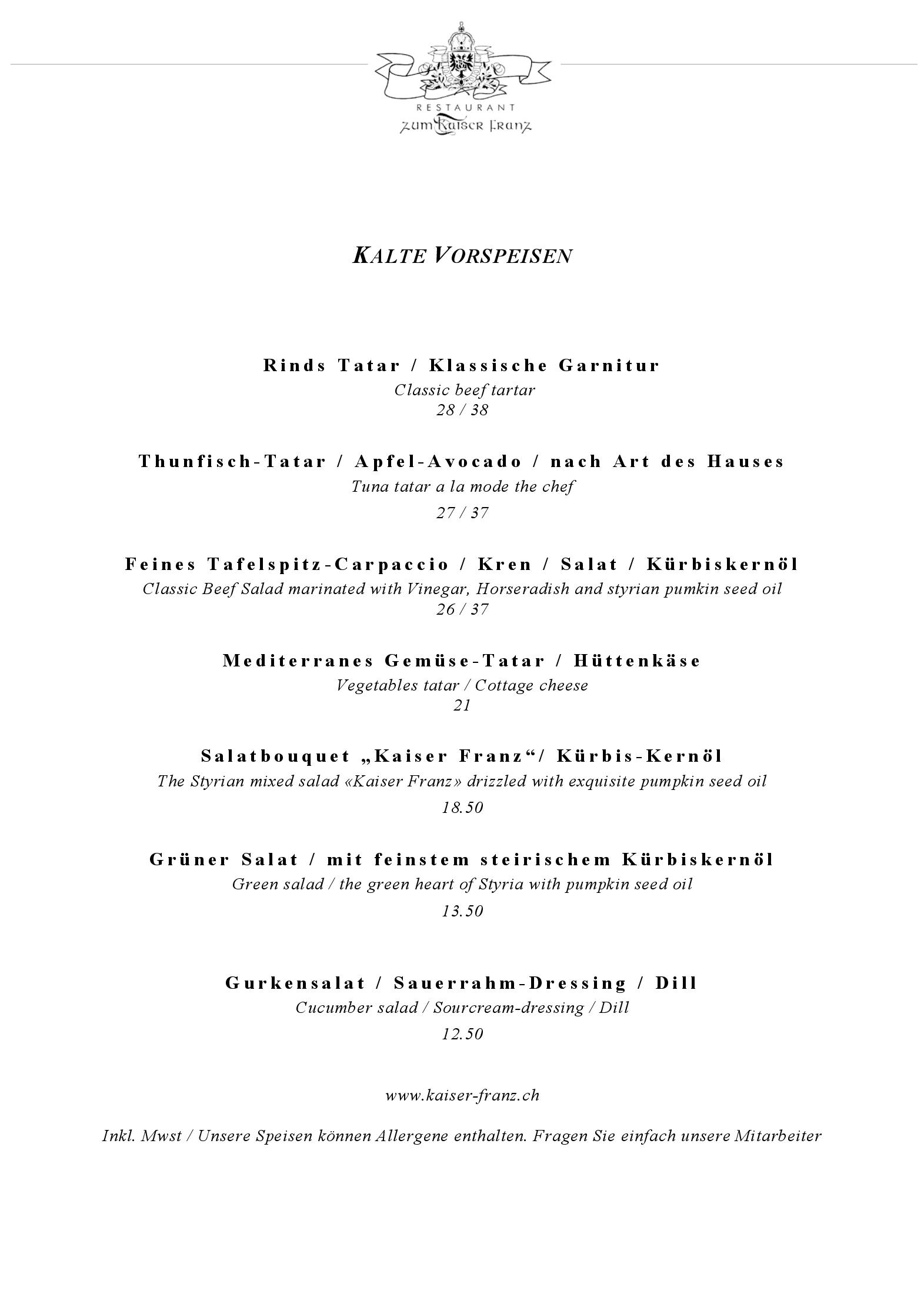 Speisekarte Restaurant zum Kaiser Franz GmbH in Zug, Seite 5