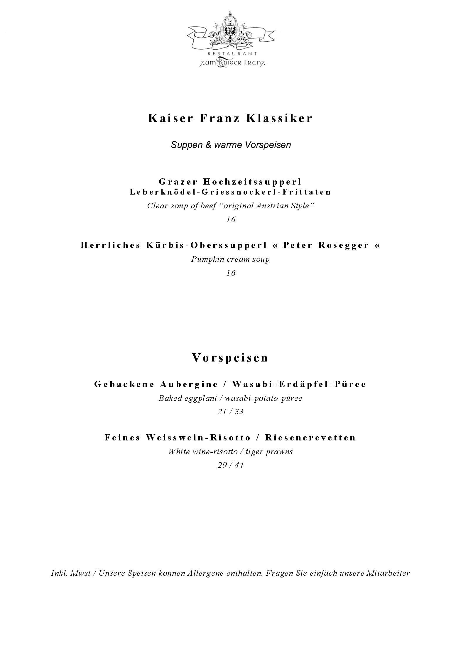 Speisekarte Restaurant zum Kaiser Franz GmbH in Zug, Seite 3