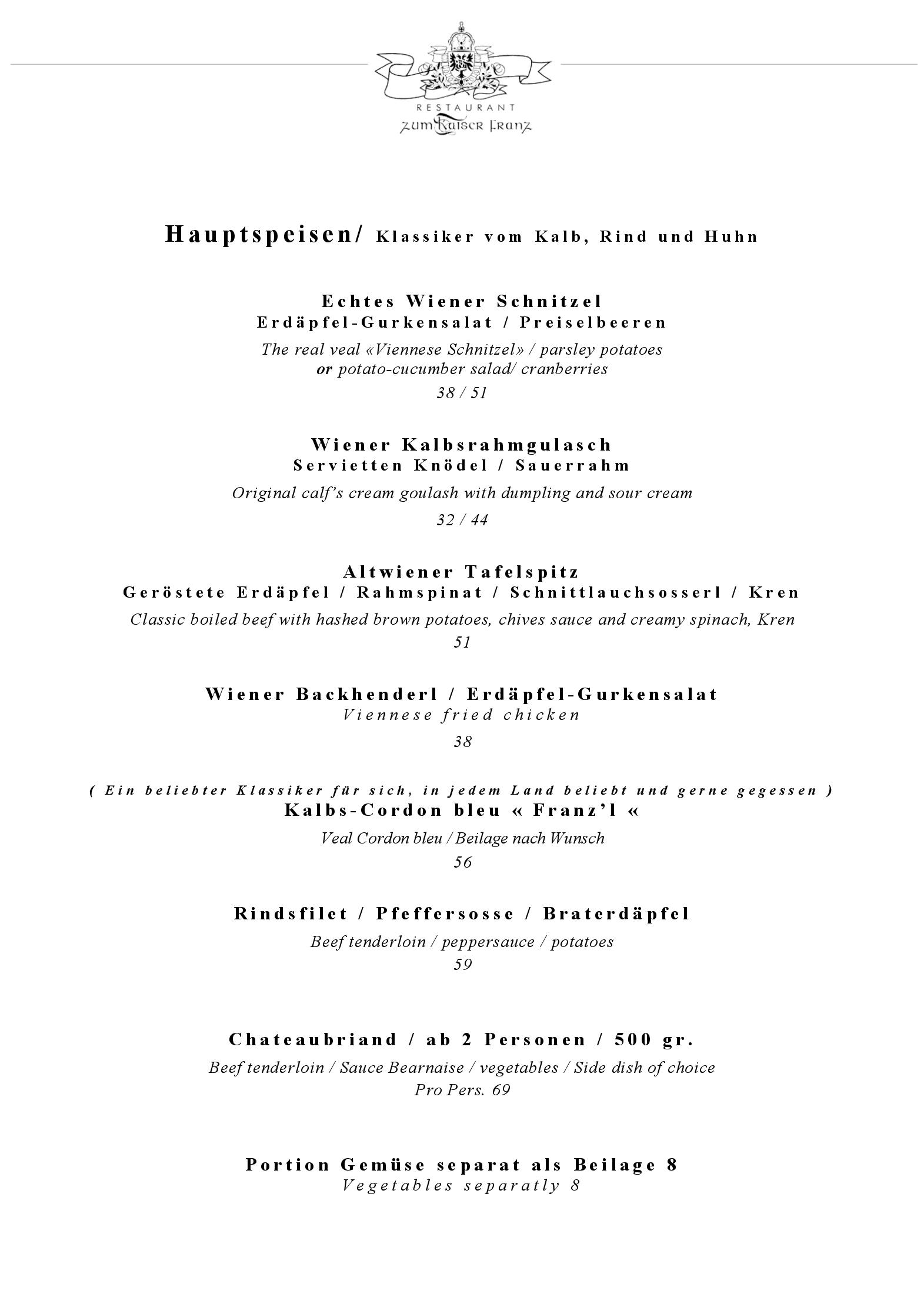 Speisekarte Restaurant zum Kaiser Franz GmbH in Zug, Seite 2