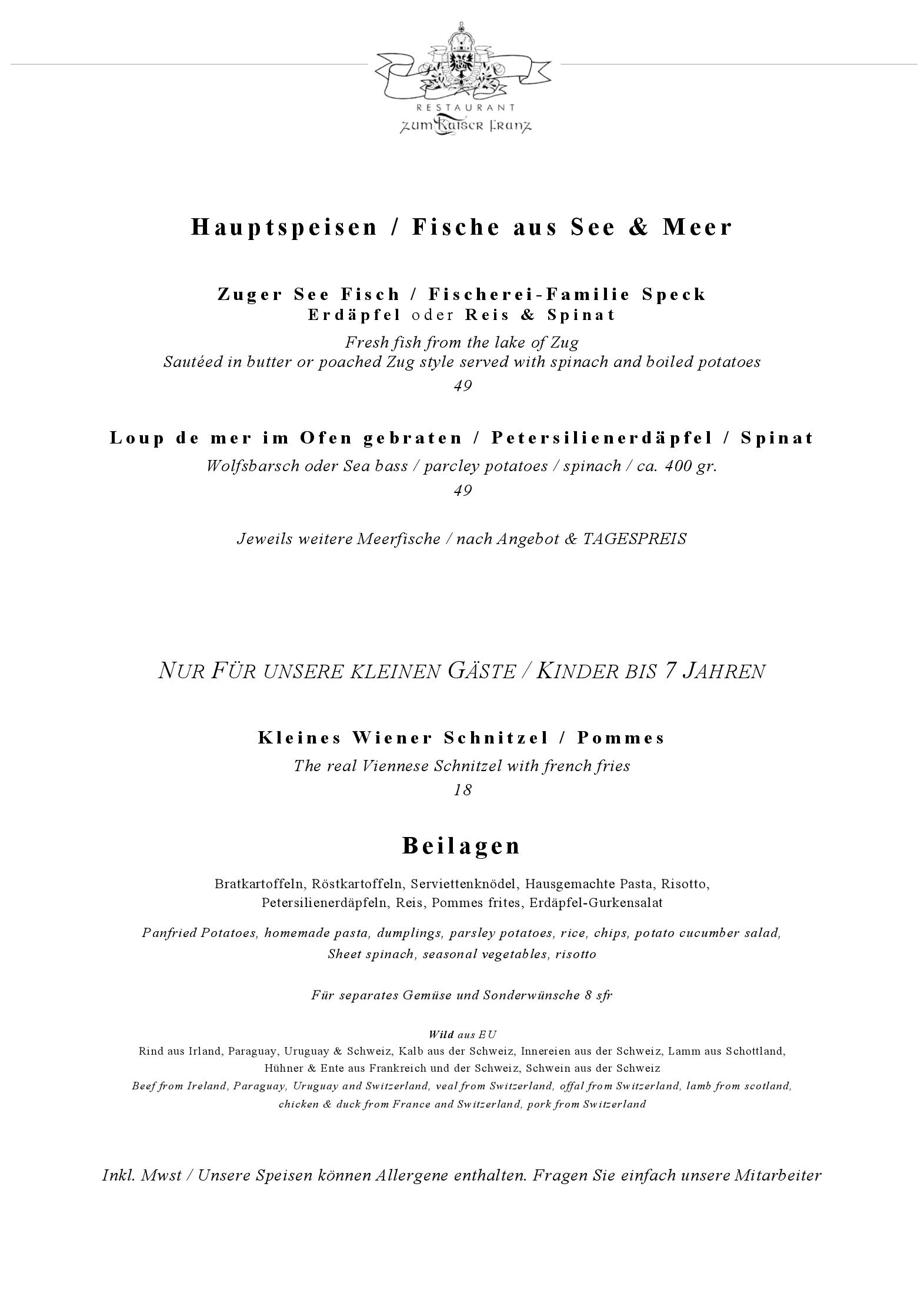 Speisekarte Restaurant zum Kaiser Franz GmbH in Zug, Seite 1