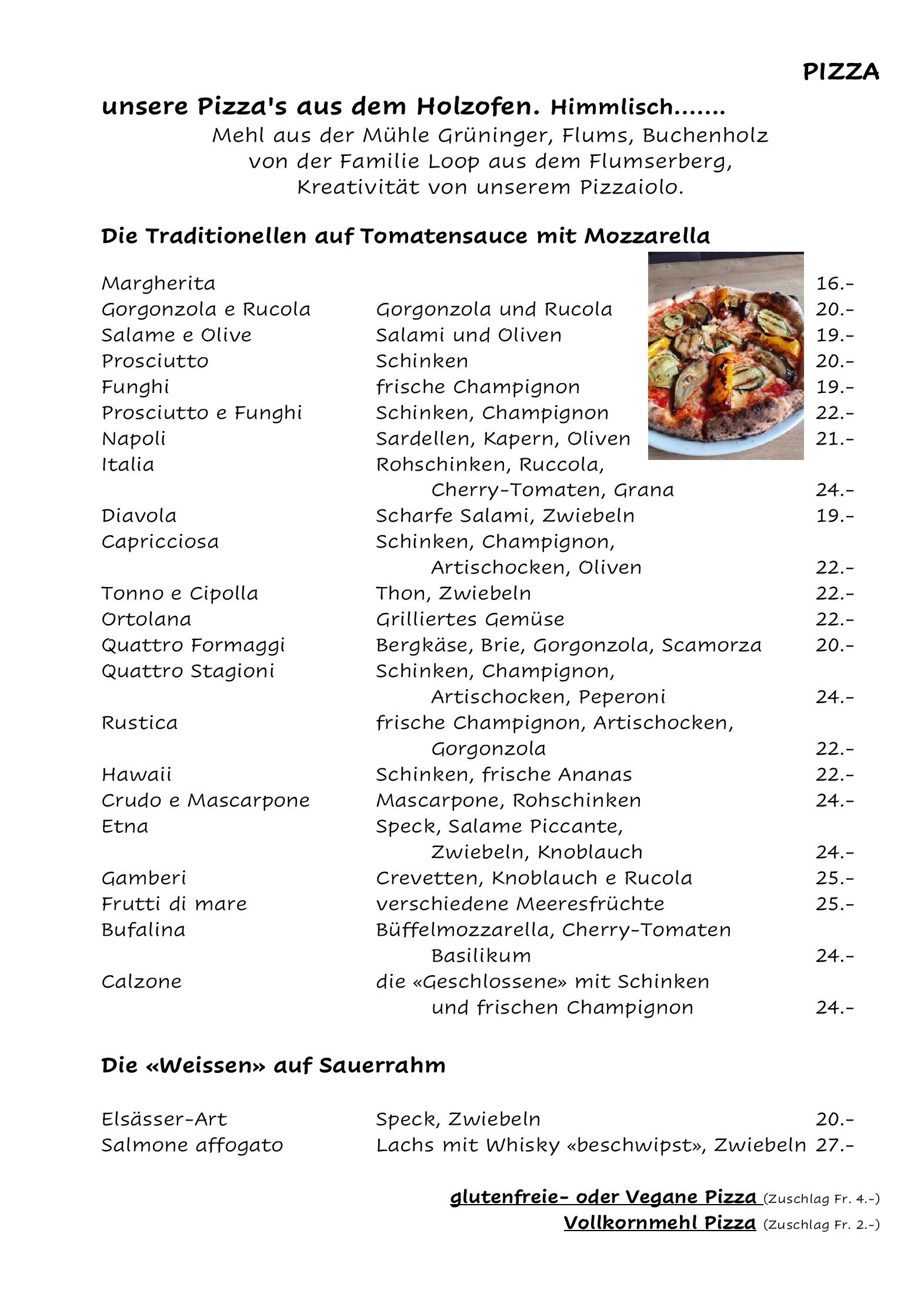 Speisekarte Pizzeria & Grill Tannenheim in Flumserberg, Seite 1