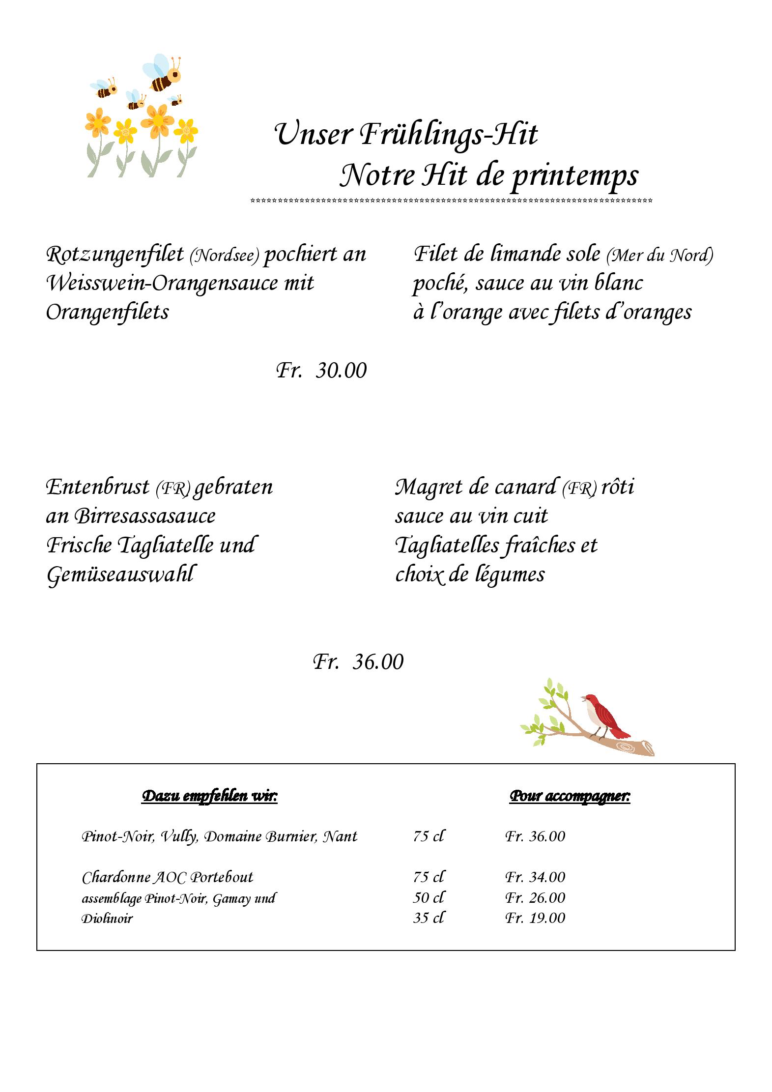 Speisekarte Auberge de Garmiswil in Dudingen, Seite 1