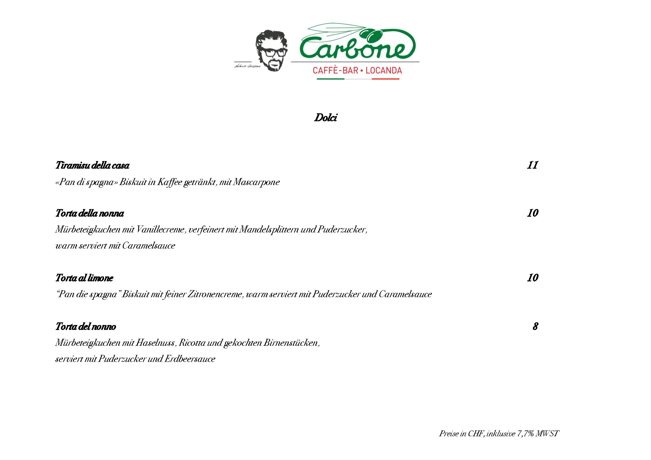 Speisekarte Carbone Caffè-Bar e Locanda in Oberwil, Seite 1