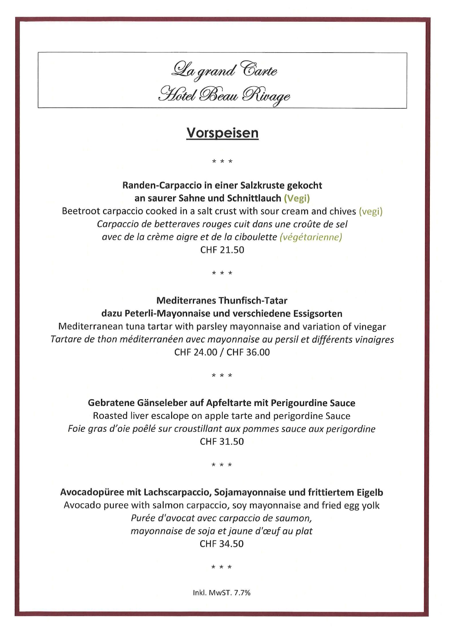 Speisekarte Hotel Beau Rivage in Weggis, Seite 7