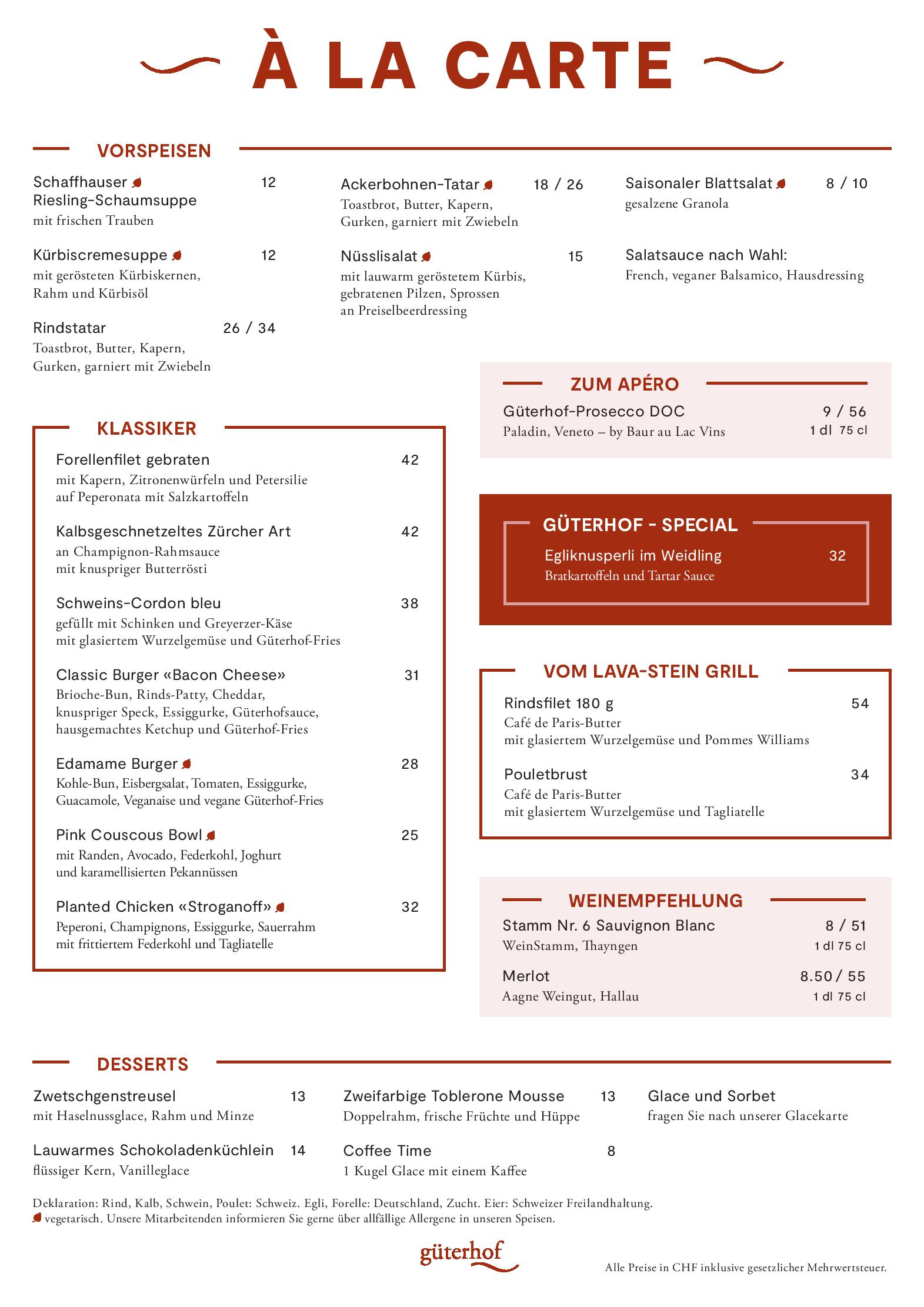 Speisekarte Güterhof - Gastronomie am Rhein in Schaffhausen, Seite 1