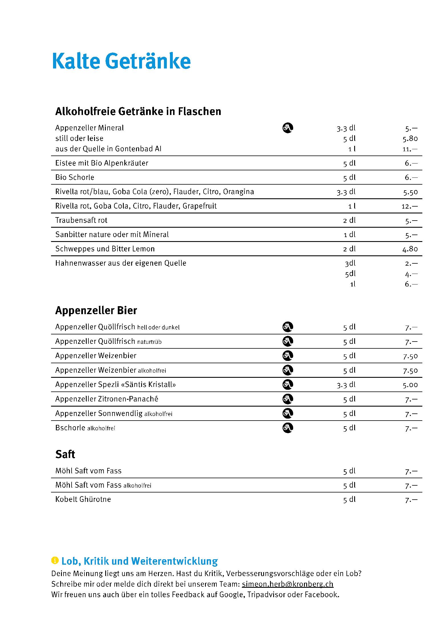 Speisekarte Berggasthaus Kronberg in Jakobsbad, Seite 5