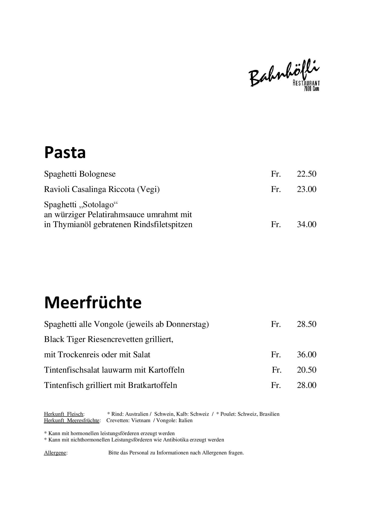 Speisekarte Bahnhoefli in  Chur, Seite 9
