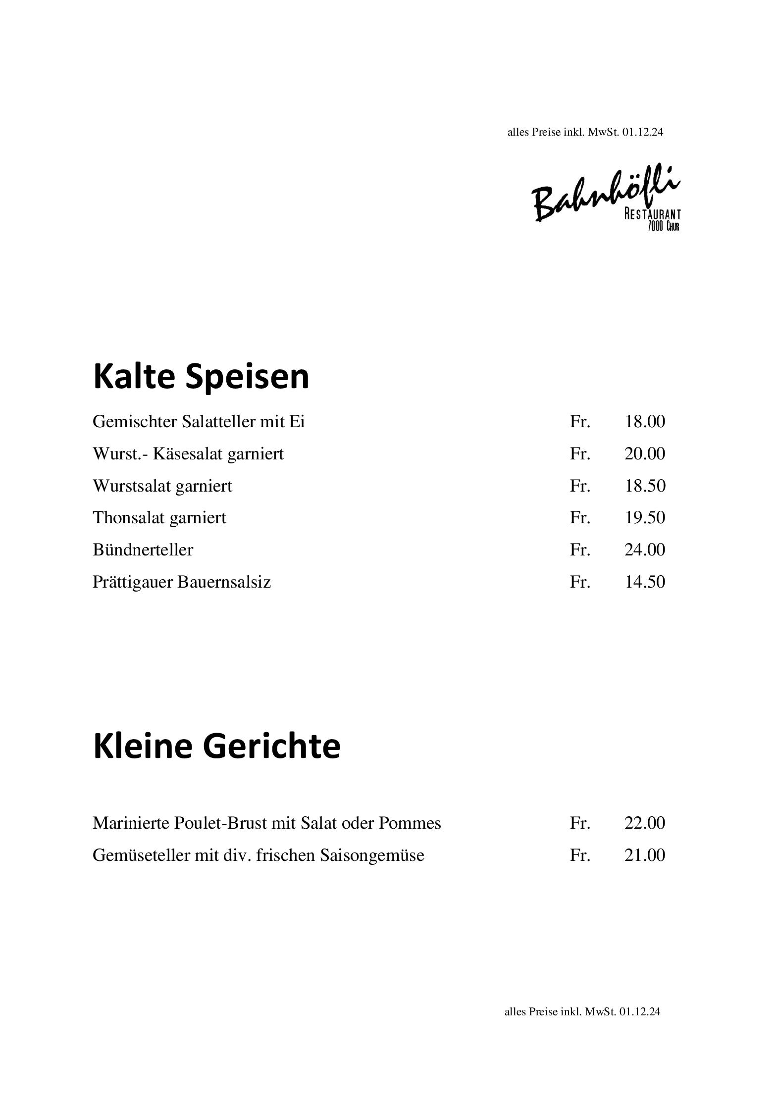 Speisekarte Bahnhoefli in  Chur, Seite 3